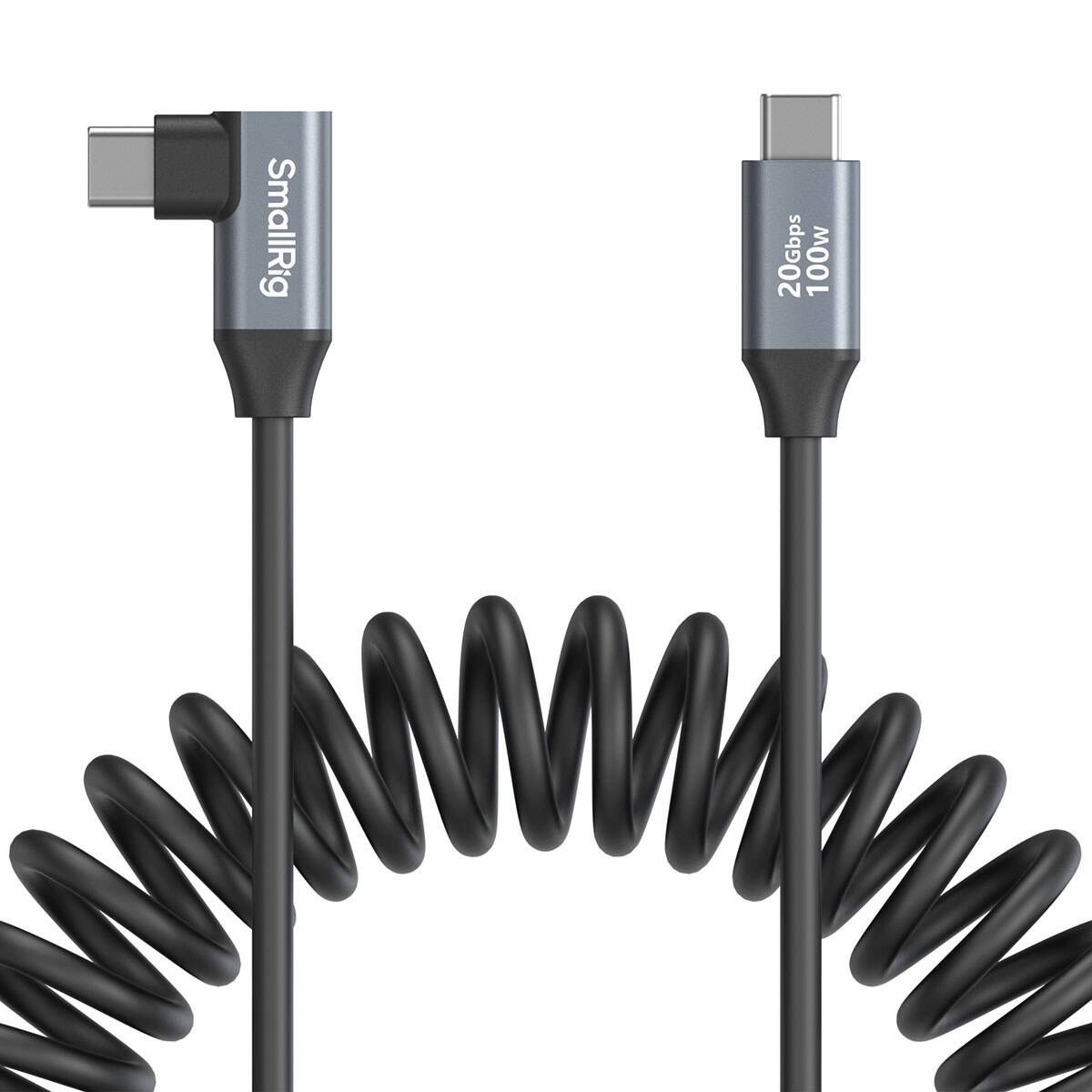 Smallrig - 13.8" 100W USB-C Straight to USB-C Angled Coiled Data Cable, Black