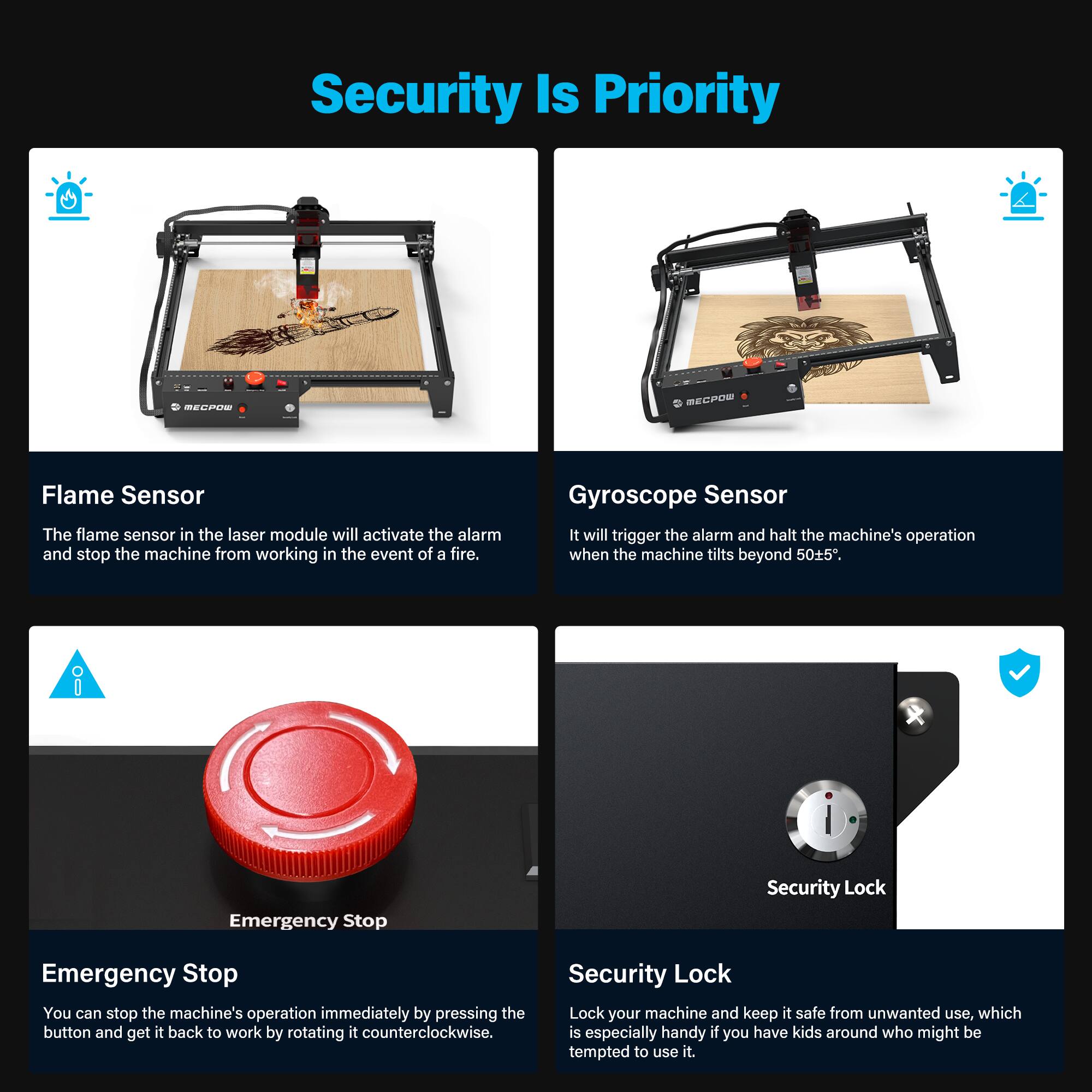 Security Is Priority

Flame Sensor: The flame sensor in the laser module will activate the alarm and stop the machine from working in the event of a fire.

Gyroscope Sensor: It will trigger the alarm and halt the machine's operation when the machine tilts beyond 505.

Emergency Stop: You can stop the machine's operation immediately by pressing the button and get it back to work by rotating it counterclockwise.

Security Lock: Lock your machine and keep it safe from unwanted use, which is especially handy if you have kids around who might be tempted to use it.