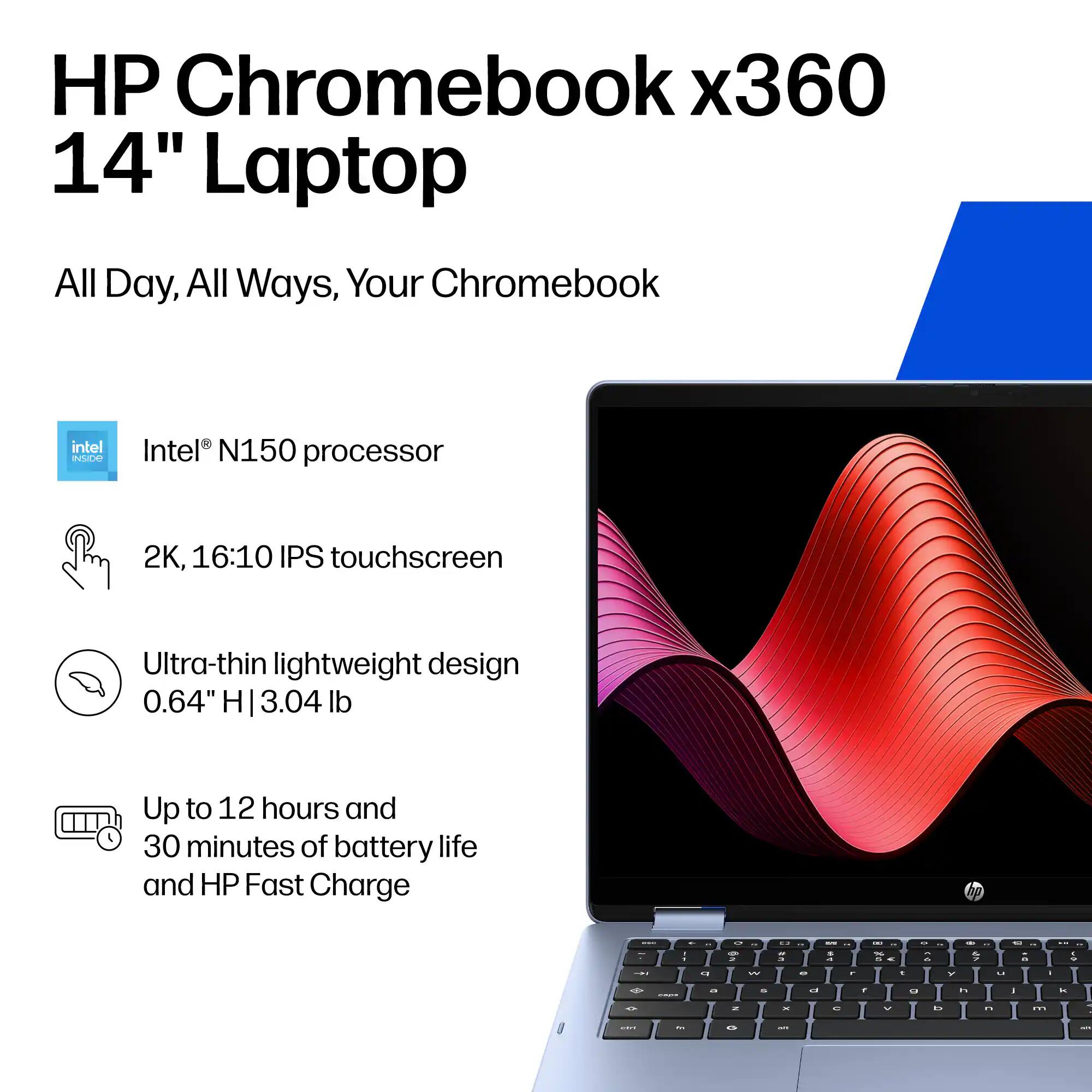 HP Chromebook x360 14" Laptop

All Day, All Ways, Your Chromebook

Intel® N150 processor

2K, 16:10 IPS touchscreen

Ultra-thin lightweight design 0.64" H | 3.04 lb

Up to 12 hours and 30 minutes of battery life and HP Fast Charge