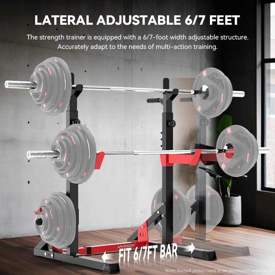 LATERAL ADJUSTABLE 6/7 FEET

The strength trainer is equipped with a 6/7-foot width adjustable structure. Accurately adapt to the needs of multi-action training.

FIT 6/7FT BAR

Note: Barbell plates need to be purchased separately.