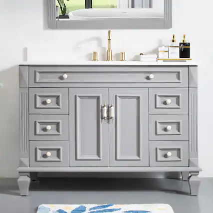 Front. WELLFOR - ARTWOOD 48 in. Solid Wood Bath Vanity with Quartz Top, Single Sink, Soft Close, Assembled - Gray.