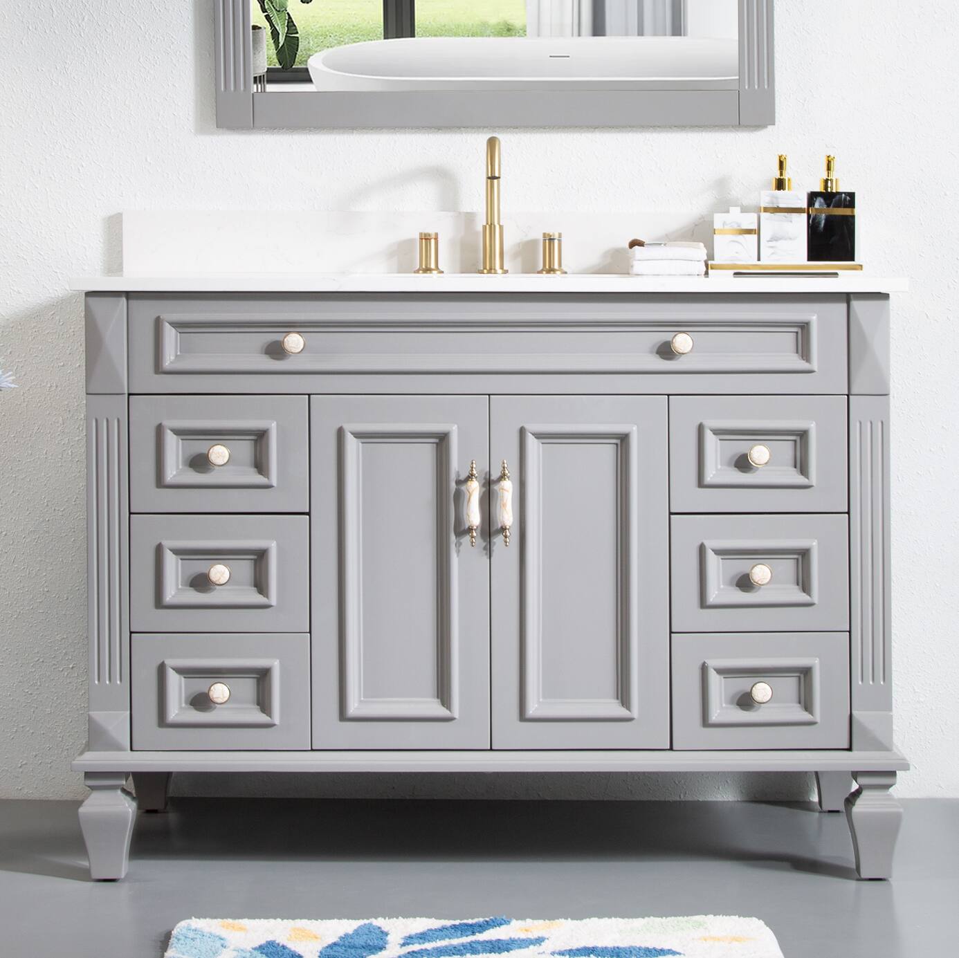 Front. WELLFOR - ARTWOOD 48 in. Solid Wood Bath Vanity with Quartz Top, Single Sink, Soft Close, Assembled - Gray.