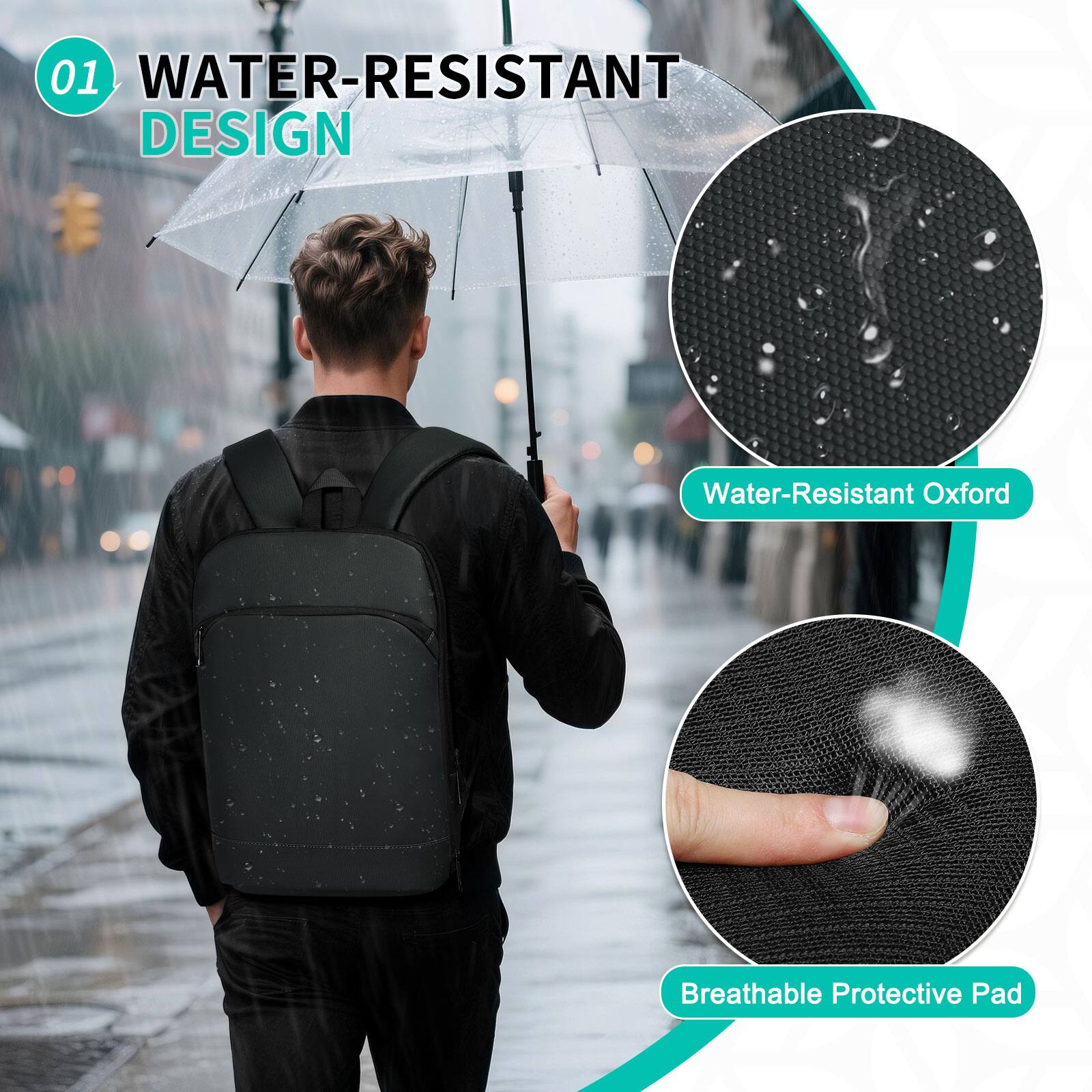 01 WATER-RESISTANT DESIGN  
Water-Resistant Oxford Breathable Protective Pad
