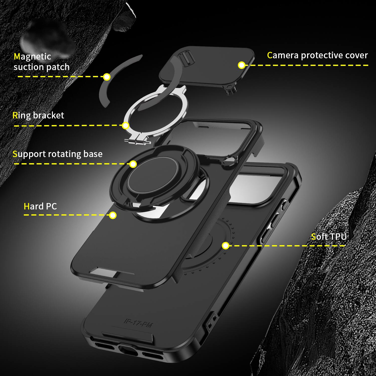 Magnetic suction patch  
Camera protective cover  
Ring bracket  
Support rotating base  
Hard PC  
Soft TPU  
IF-17-PM