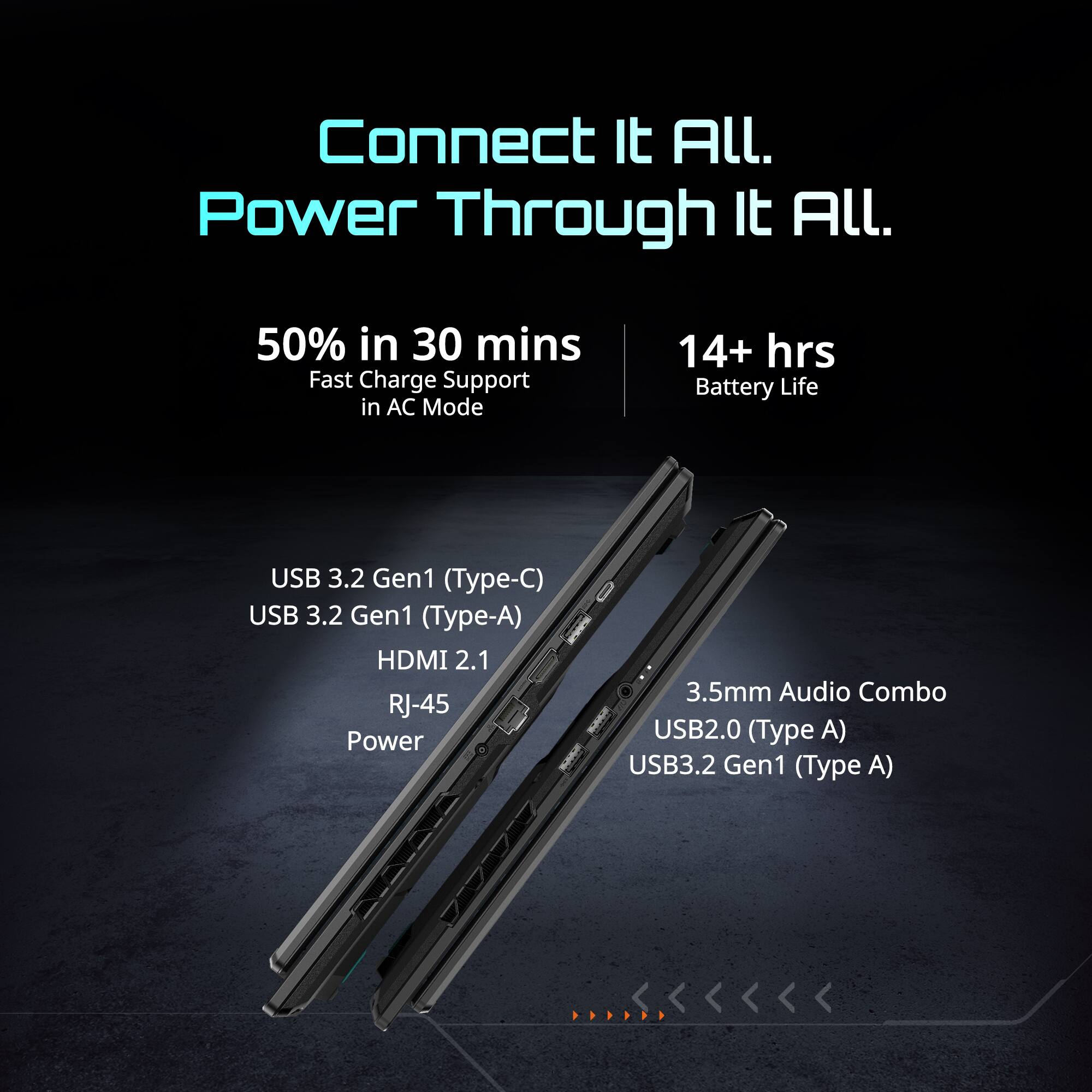 Connect It All.  
Power Through It All.  

50% in 30 mins  
Fast Charge Support in AC Mode  

14+ hrs Battery Life  

USB 3.2 Gen1 (Type-C)  
USB 3.2 Gen1 (Type-A)  
HDMI 2.1  
RJ-45  
Power  

3.5mm Audio Combo  
USB2.0 (Type A)  
USB3.2 Gen1 (Type A)