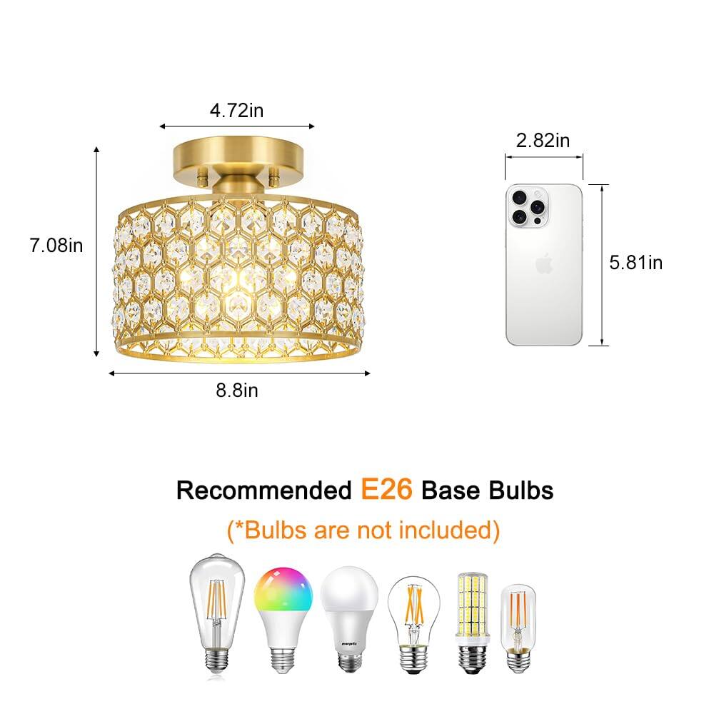 4.72in  
2.82in  
7.08in  
5.81in  
8.8in  

Recommended E26 Base Bulbs  
(*Bulbs are not included)