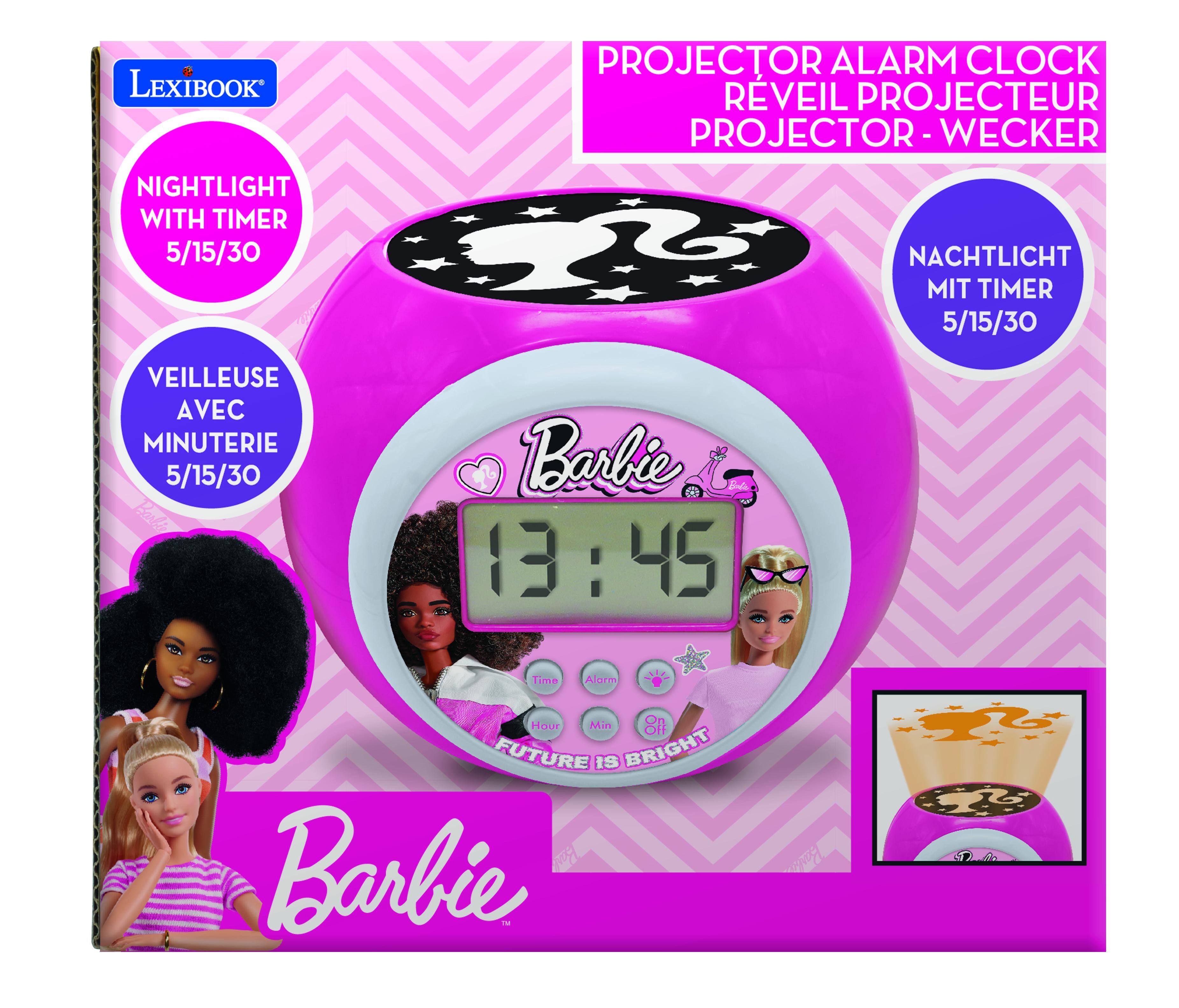 LEXIBOOK PROJECTOR ALARM CLOCK  
REVEIL PROJECTEUR  
PROJECTOR - WECKER  

NIGHTLIGHT WITH TIMER 5/15/30  
NACHTLICHT MIT TIMER 5/15/30  
VEILLEUSE AVEC MINUTERIE 5/15/30  

Barbie  
13:45  

Time Alarm Hour Min  
8  

FUTURE IS BRIGHT
