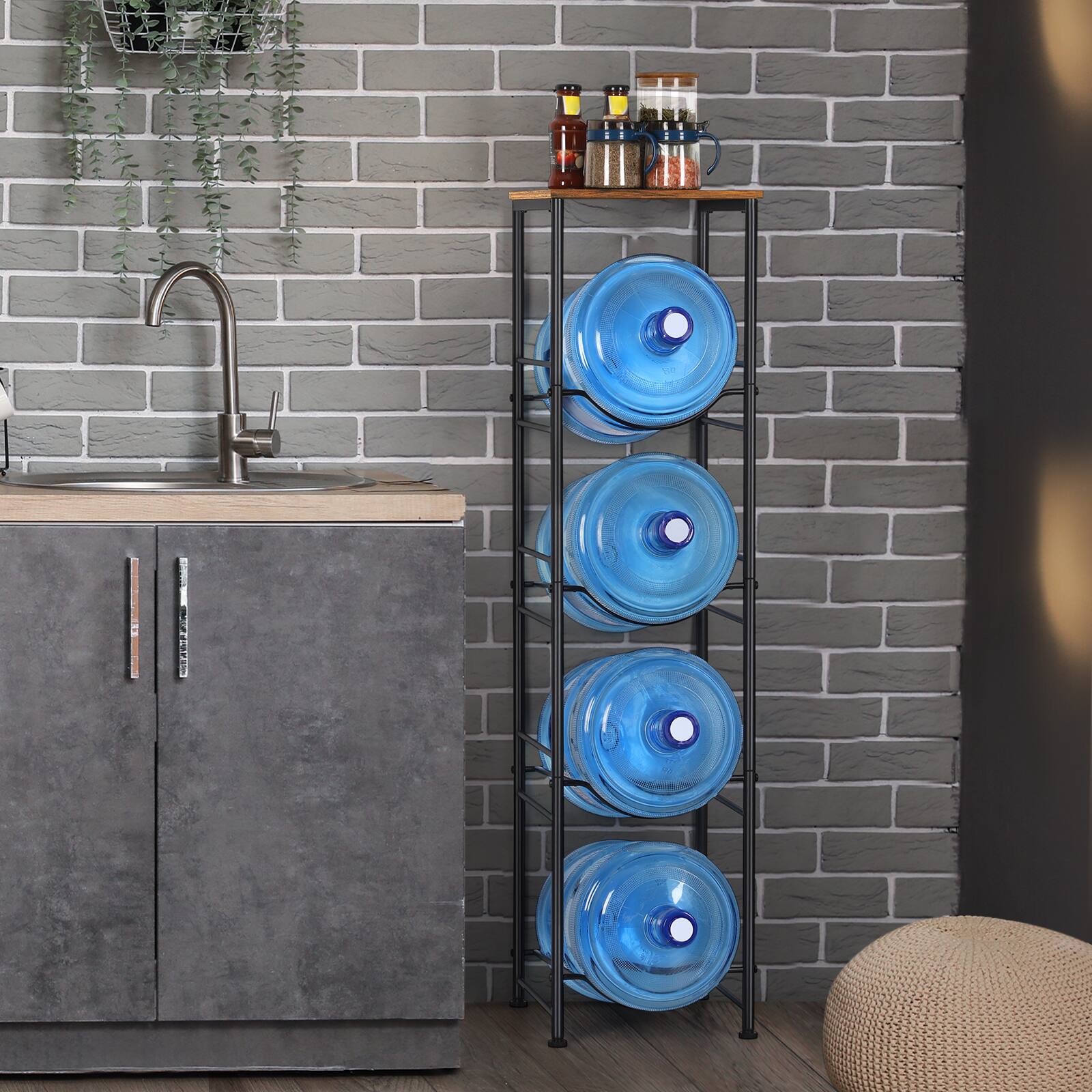 Alt View 3. Oumilen - 4-Tier Water Jug Rack with Top Storage Board, Black Metal Frame & Wood Shelf - Brown.