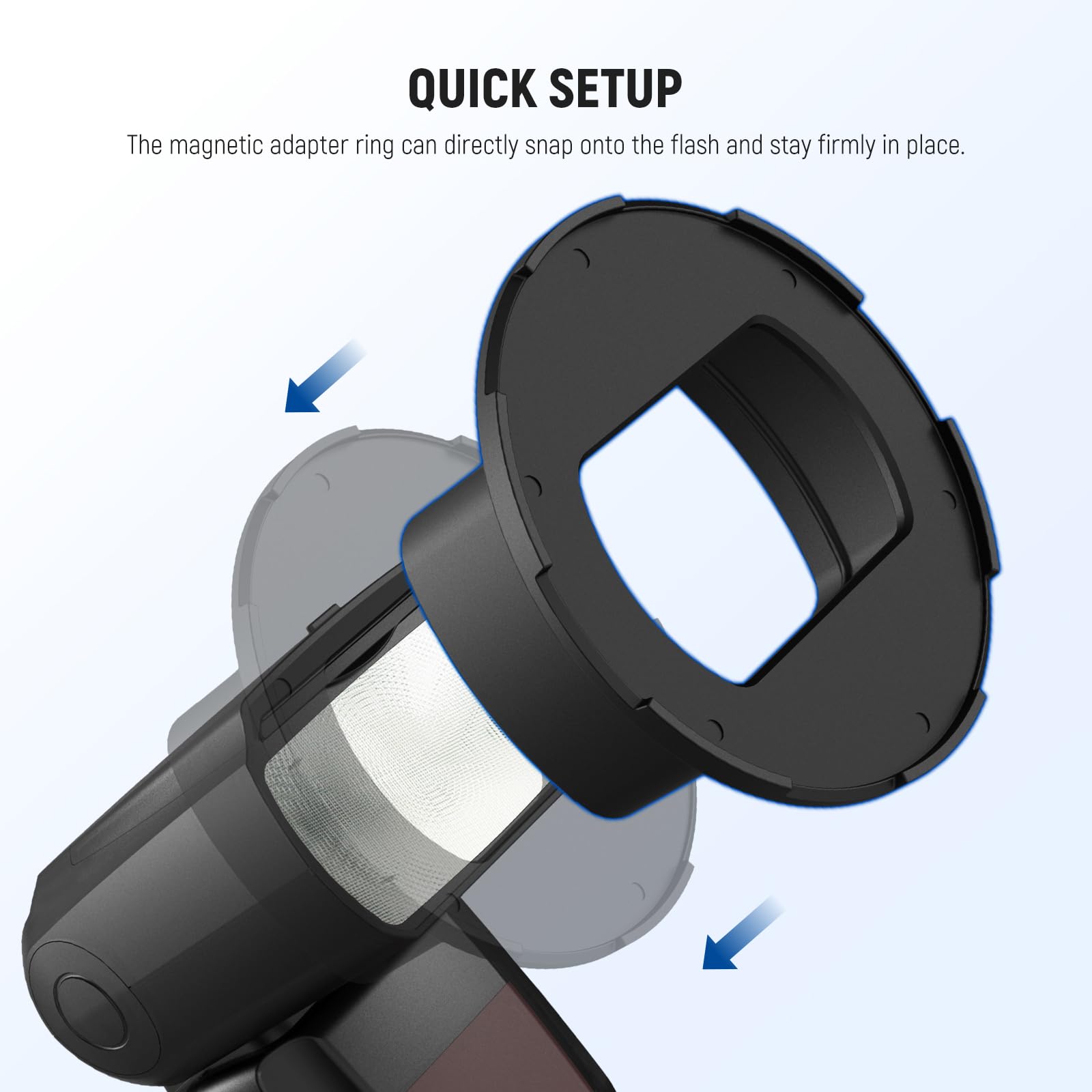 QUICK SETUP

The magnetic adapter ring can directly snap onto the flash and stay firmly in place.