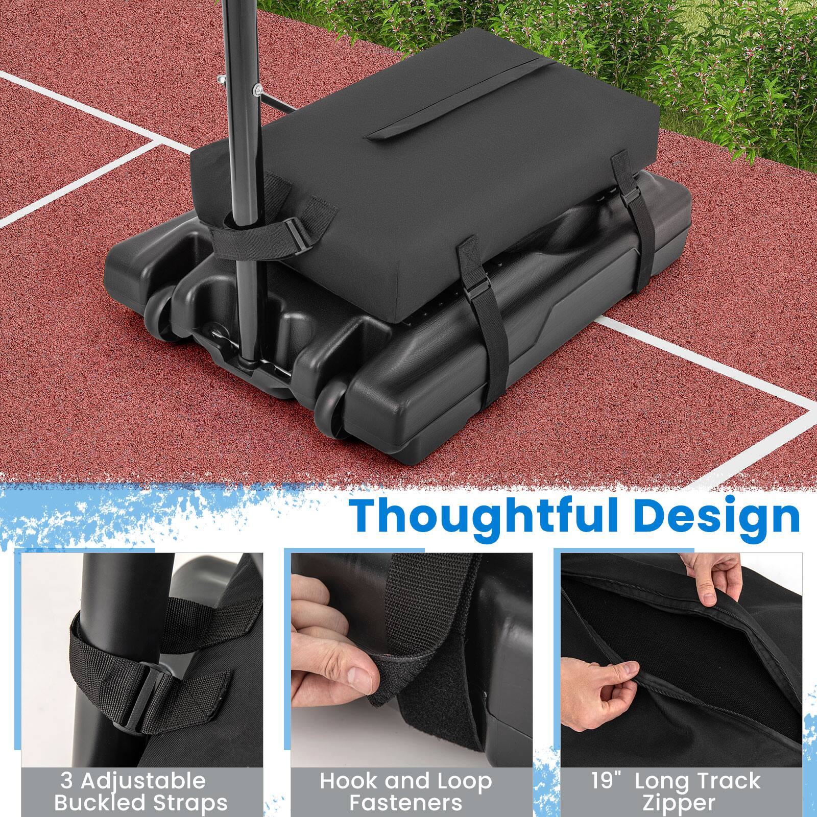 Thoughtful Design

- 3 Adjustable Buckled Straps
- Hook and Loop Fasteners
- 19" Long Track Zipper