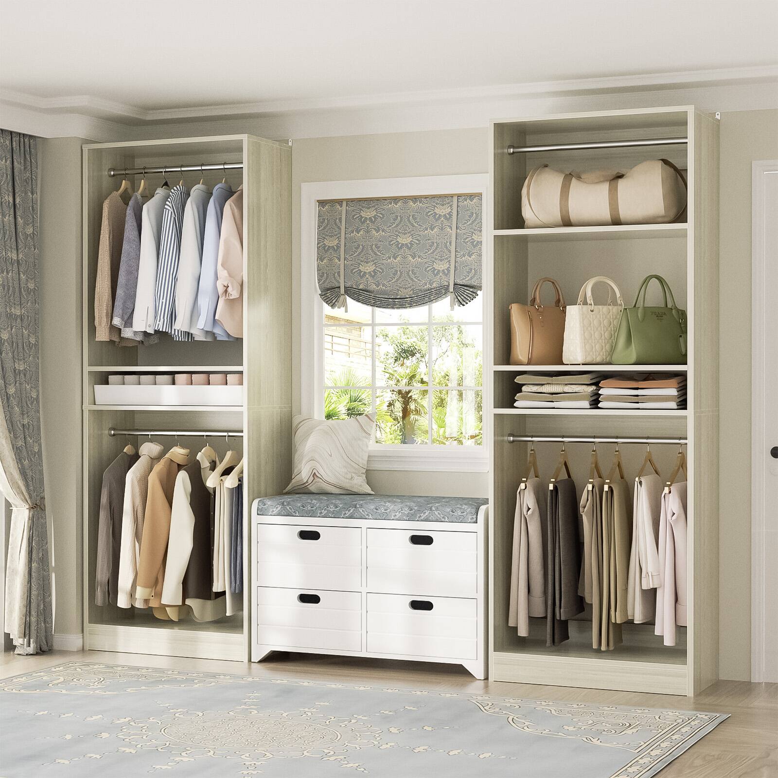 Angle. Aheaplus - 50'' Closet Organizer System, Set of 2, Walk-in Closet Storage & Organizer with 4 Hanging Rods and Adjustable Shelves - Beige Oak.