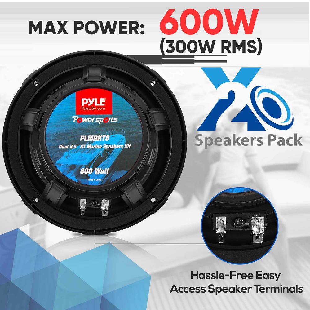 MAX POWER: 600W (300W RMS)

PYLE
PyleUSA.com
Power sports
PLMRKT8
Dual 6.5" BT Marine Speakers Kit
600 Watt

Speakers Pack

Hassle-Free Easy Access Speaker Terminals