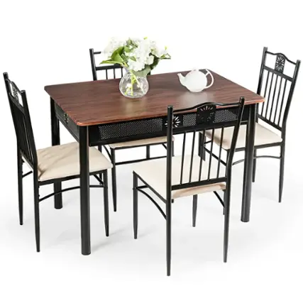 Front. Costway - 5 Piece Dining Set Wood Metal Table and 4 Chairs Kitchen Breakfast Furniture - Brown.
