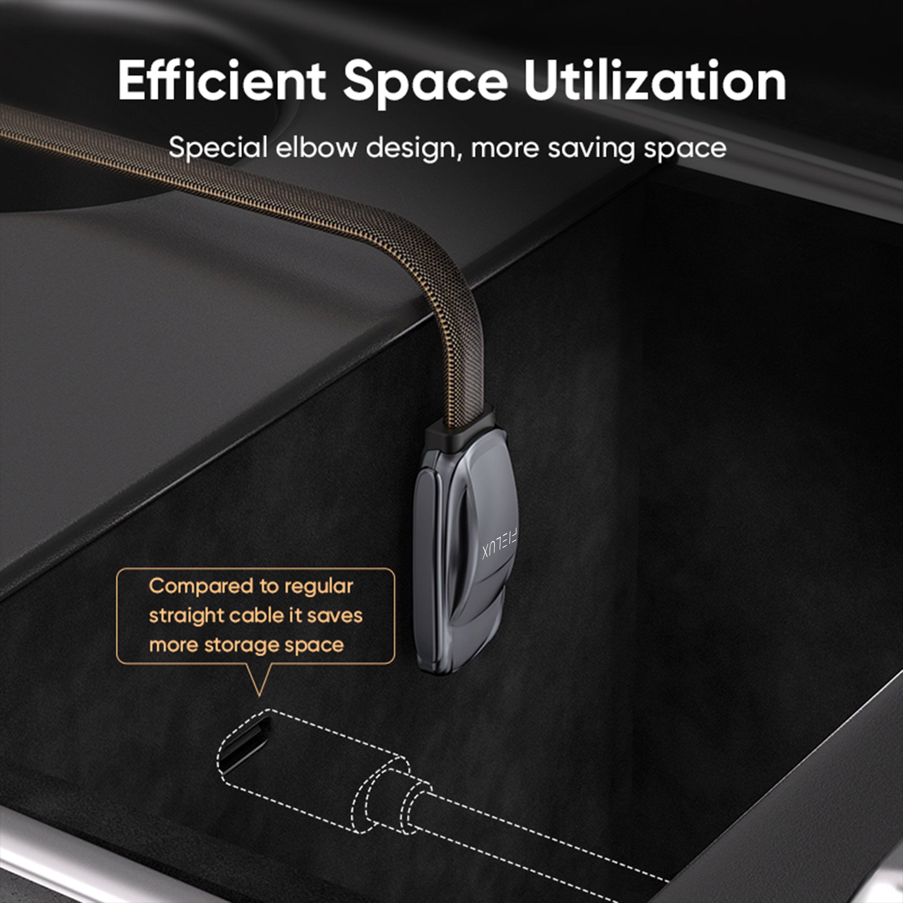 Efficient Space Utilization  
Special elbow design, more saving space  

Compared to regular straight cable it saves more storage space
