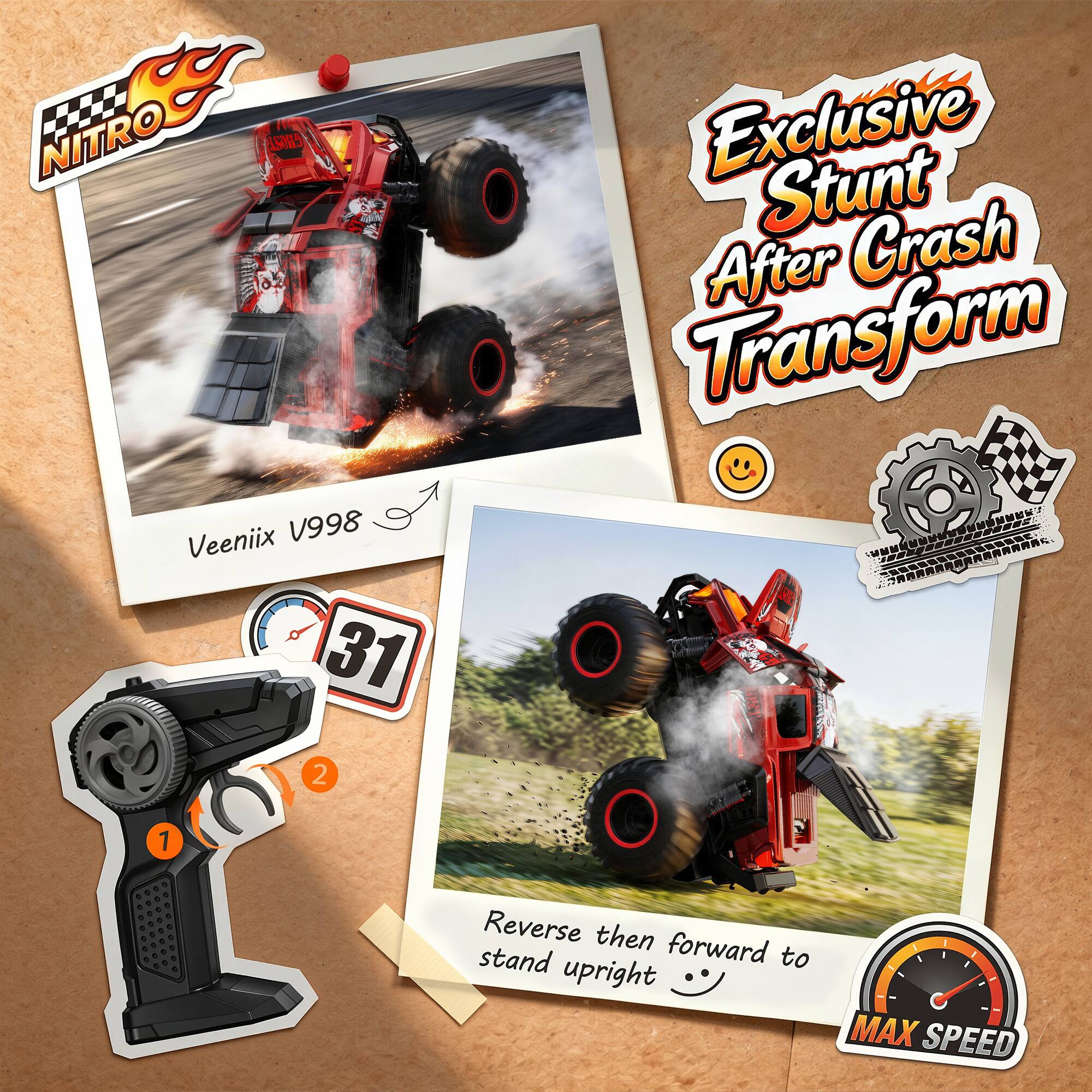 NITRO L505 02 Veenix V998 31 Exclusive Stunt After Crash Transform 2 1 Reverse then stand forward to upright 1 MAX SPEED