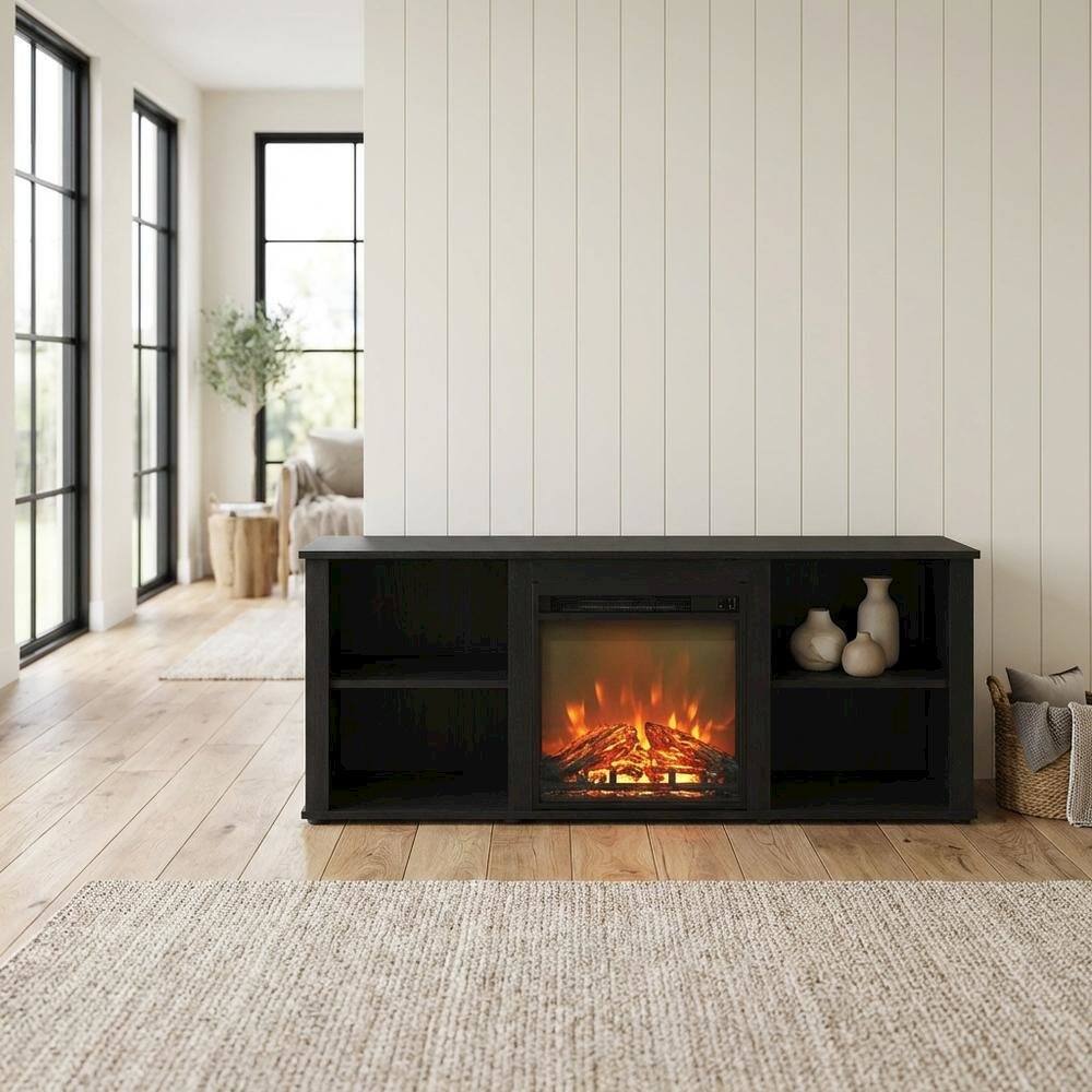 Alt View 2. FurniFact - Wood TV stand, fireplace, Americano finish, modern design, multi-functional - Black.