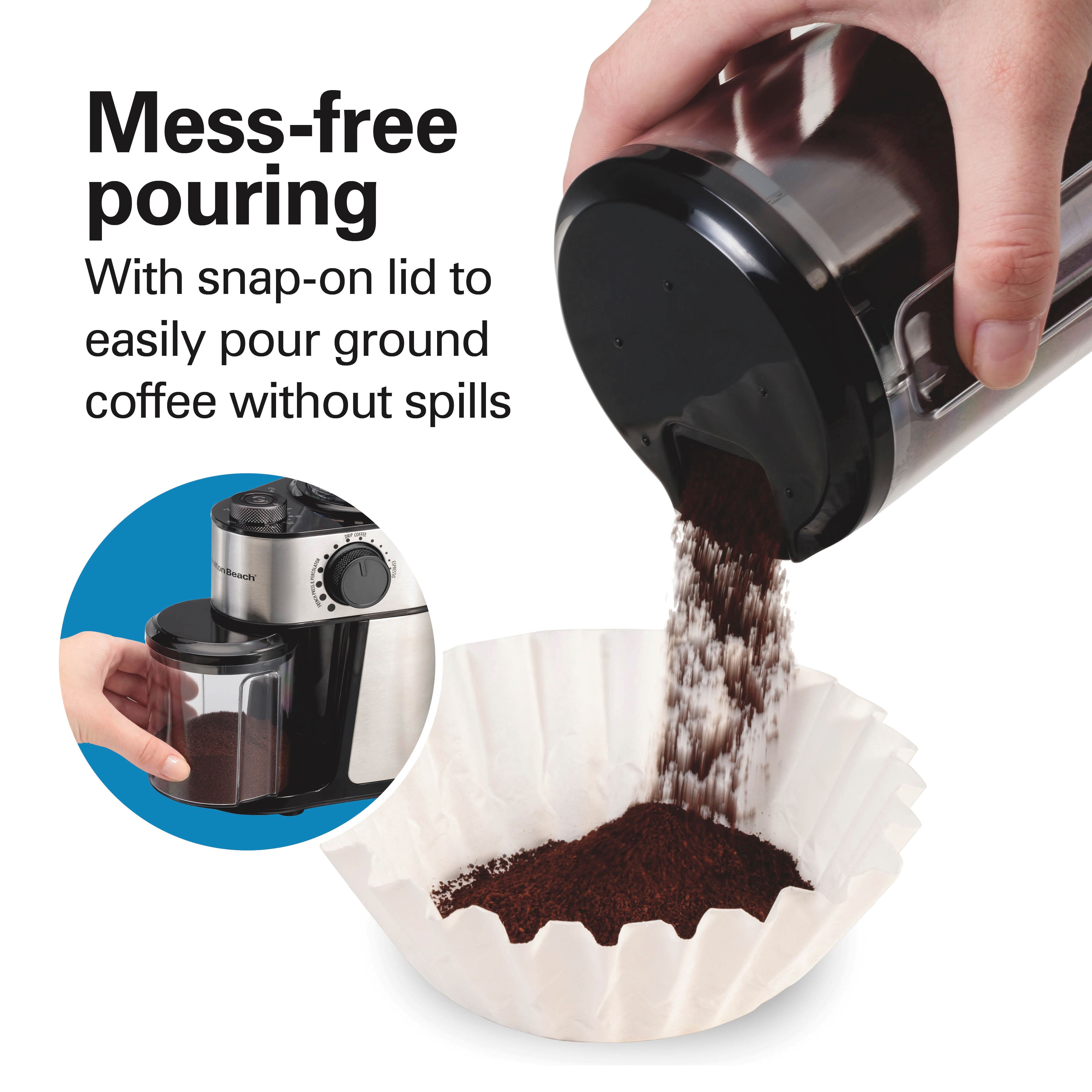 Mess-free pouring
With snap-on lid to easily pour ground coffee without spills