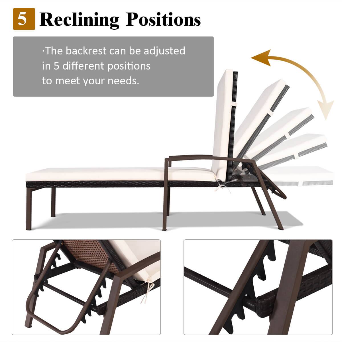 5 Reclining Positions
The backrest can be adjusted in 5 different positions to meet your needs.