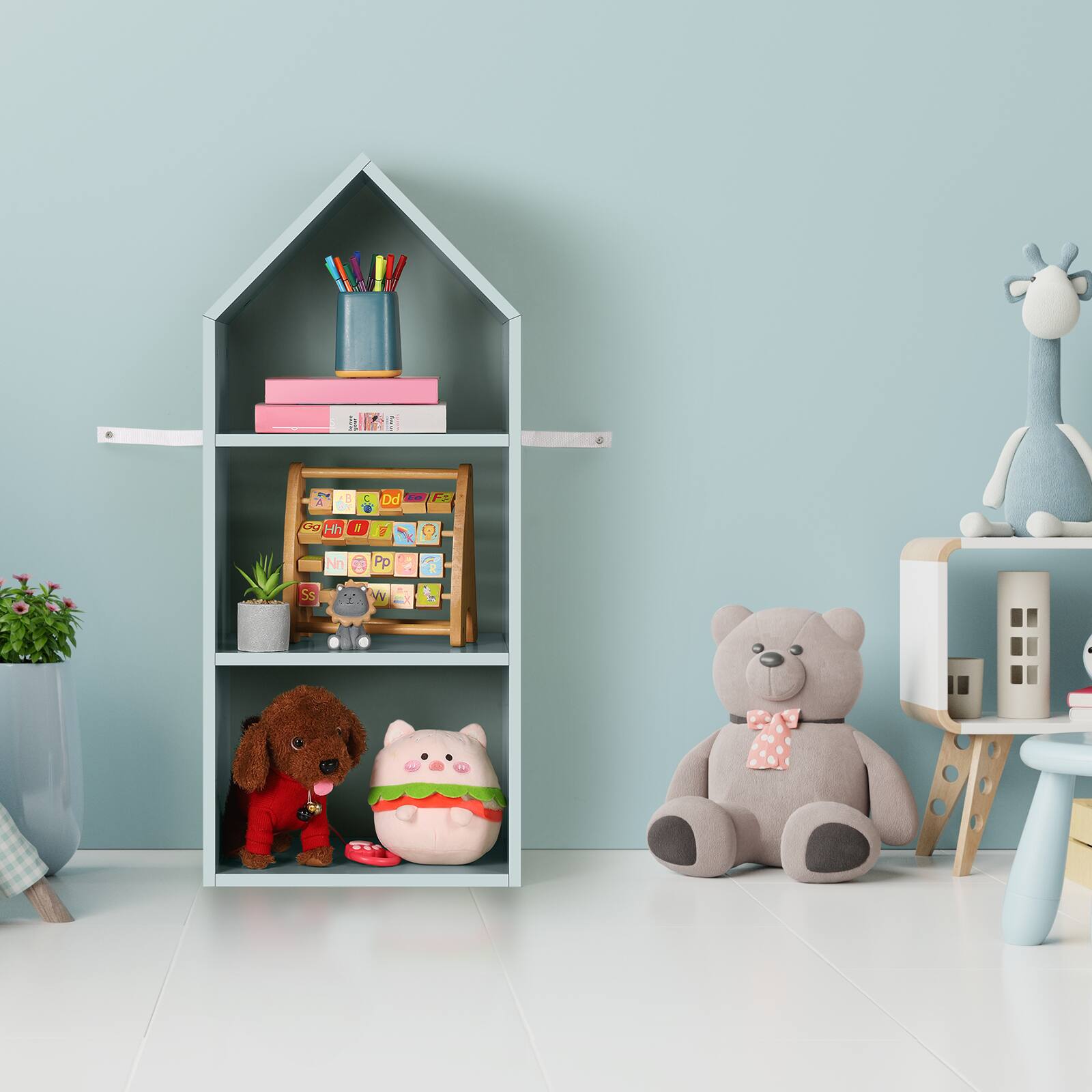 Alt View 4. Oumilen - House-Shaped 3-Tier Blue Bookshelf - Blue.