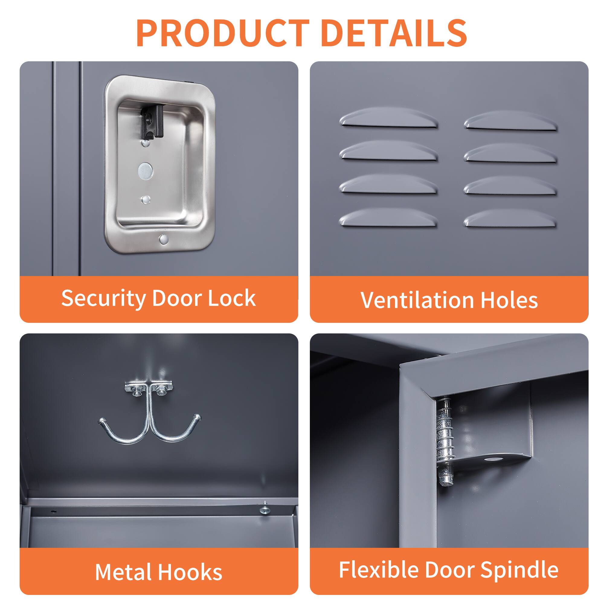 PRODUCT DETAILS

- Security Door Lock
- Ventilation Holes
- Metal Hooks
- Flexible Door Spindle