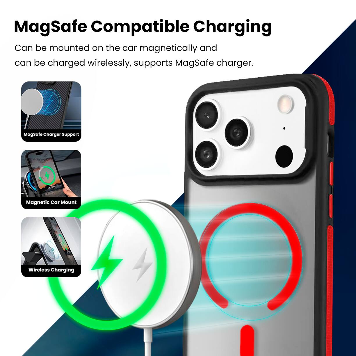 MagSafe Compatible Charging

Can be mounted on the car magnetically and can be charged wirelessly, supports MagSafe charger.

- MagSafe Charger Support
- Magnetic Car Mount
- Wireless Charging