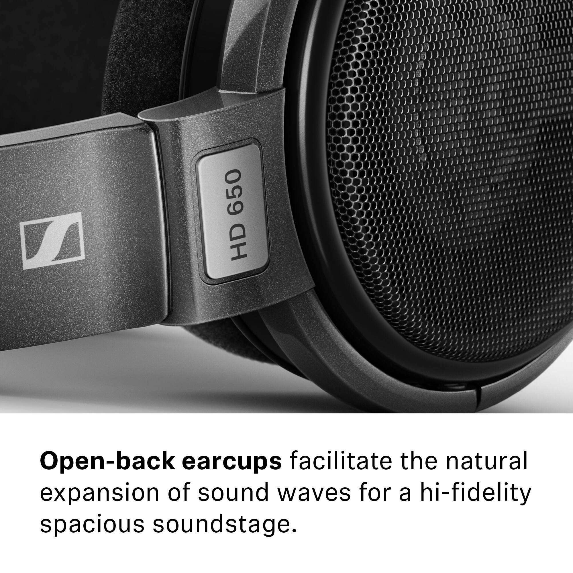 The text on the image reads: "Open-back earcups facilitate the natural expansion of sound waves for a hi-fidelity spacious soundstage."