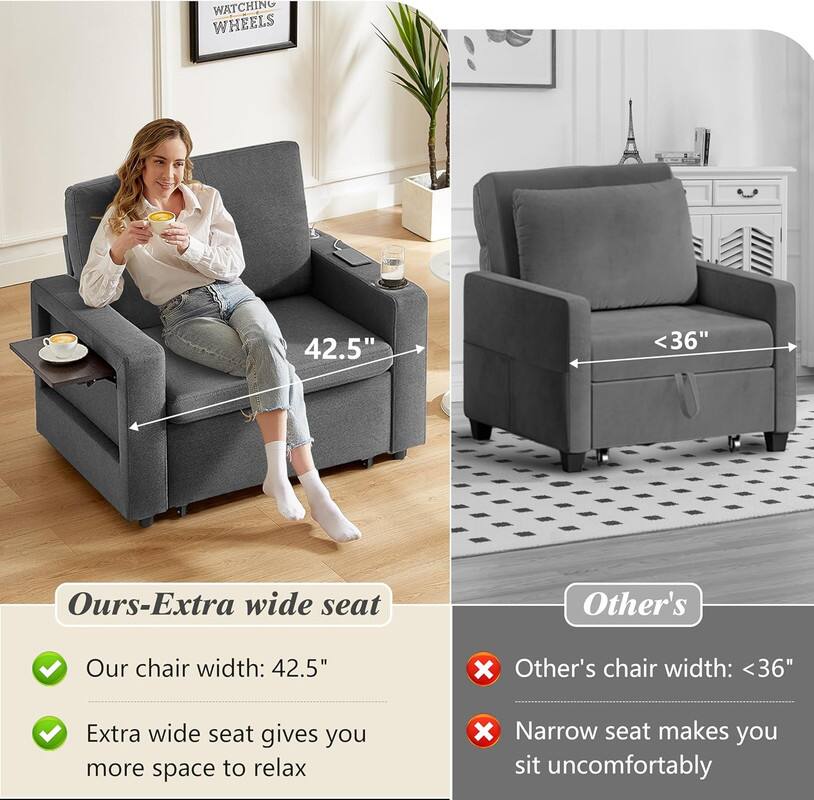 **Ours - Extra wide seat**

- Our chair width: 42.5"
- Extra wide seat gives you more space to relax

**Other's**

- Other's chair width: <36"
- Narrow seat makes you sit uncomfortably