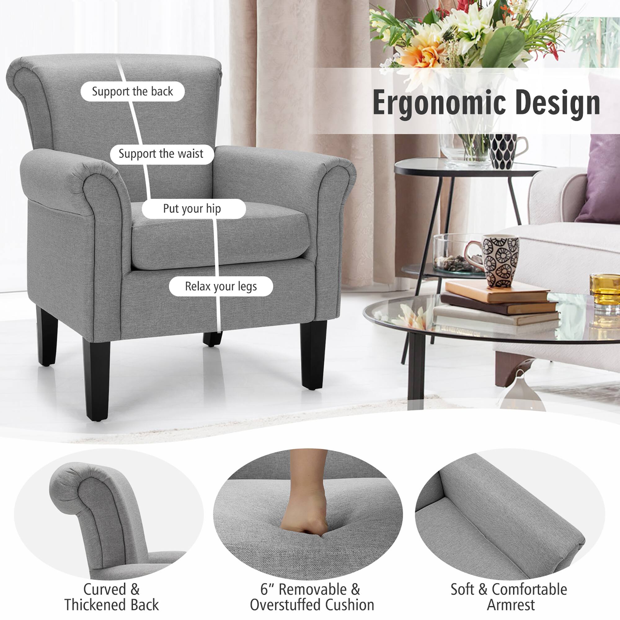 Ergonomic Design: Support the back, waist, and hips. Relax your legs with a curved and thickened back. The chair features a 6" removable and overstuffed cushion for added comfort. The armrest is soft and comfortable, providing additional support and relaxation.