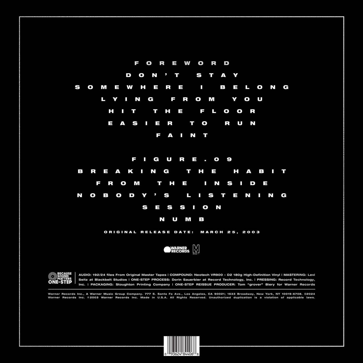 FOREWORD  
DON'T STAY  
SOMEWHERE I BELONG  
LYING FROM YOU  
HIT THE FLOOR  
EASIER TO RUN  
FAINT  

FIGURE  
BREAKING THE HABIT  
FROM THE INSIDE  
NOBODY'S LISTENING  
SESSION  
NUMB  

ORIGINAL RELEASE DATE: MARCH 25, 2003  

WARNER RECORDS  
DECAUSE  
COMPOUND  
AUDIO: 192/24 files from Original Master Tapes - Neotech VOGOO D2 180g High-Definition vinyl  
MASTERING: Levi Sauerwein at Record Technology, Inc.  
ONE-STEP PROCESS: Doring at Blackbelt Studios  
PRESSING: Record Technology, Inc.  
ONE-STEP REISSUE PRODUCER: Tom "grover" Bierly for Warner Records  

WARNER RECORDS INC.  
A Warner Music Group Company  
777 Santa Monica Blvd., Los Angeles, CA 90069  
1633 Broadway, New York, NY 10016-4708  
© 2003 Warner Records Inc.  
All rights reserved. Unauthorized duplication is a violation