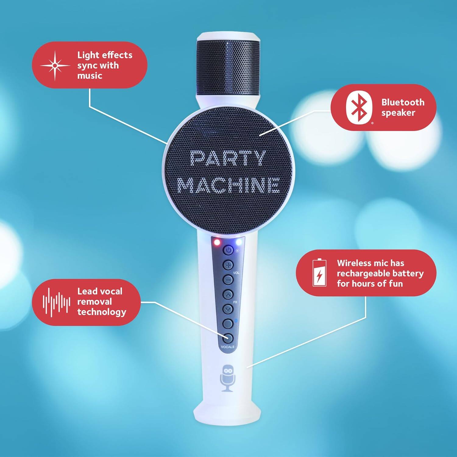 - Light effects sync with music
- Bluetooth speaker
- Lead vocal removal technology
- Wireless mic has rechargeable battery for hours of fun