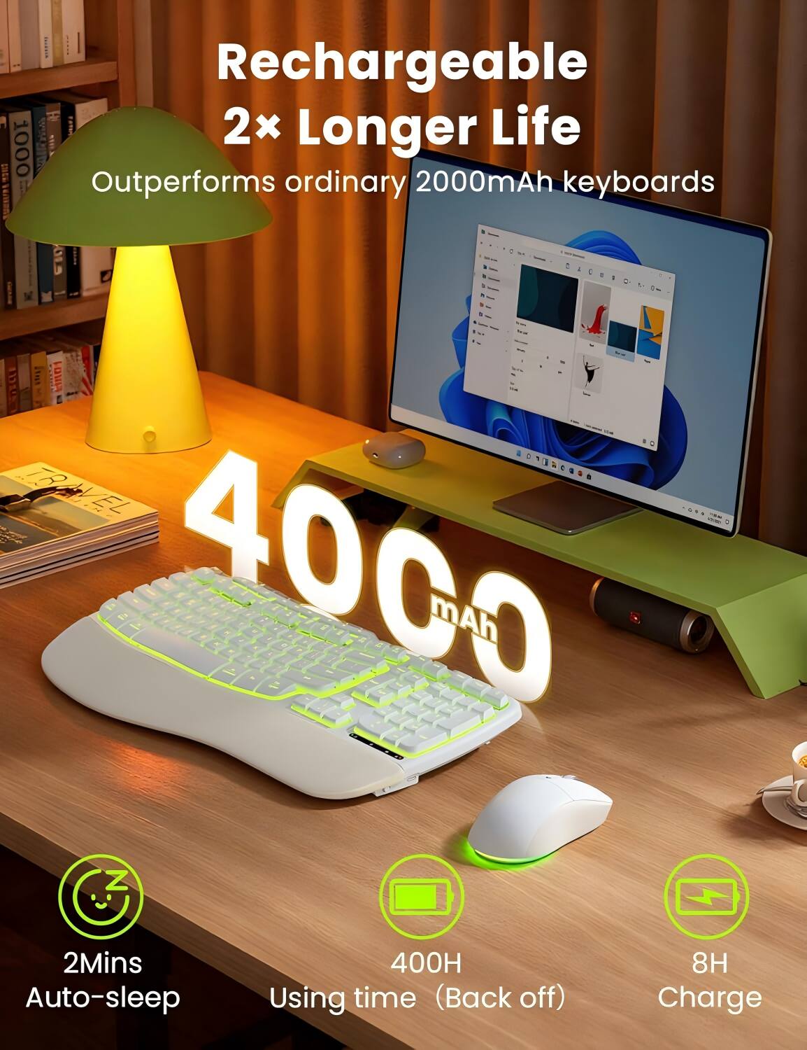 Rechargeable (2x Longer Life) 1000 I.E 2000mAh Outperforms ordinary keyboards. 4000mAh. 2Mins Auto-sleep. 400H Using time (Back off). 8H Charge.