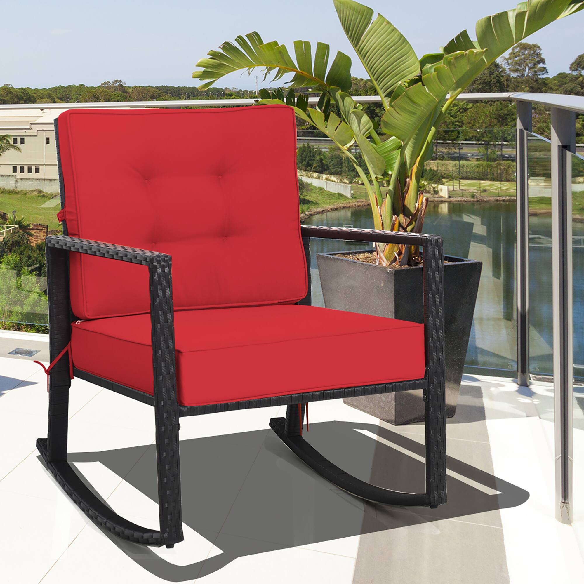 Alt View 1. Costway - Costway Patio Rattan Rocker Chair Outdoor Glider Wicker Rocking Chair Cushion Lawn - Red,Black.