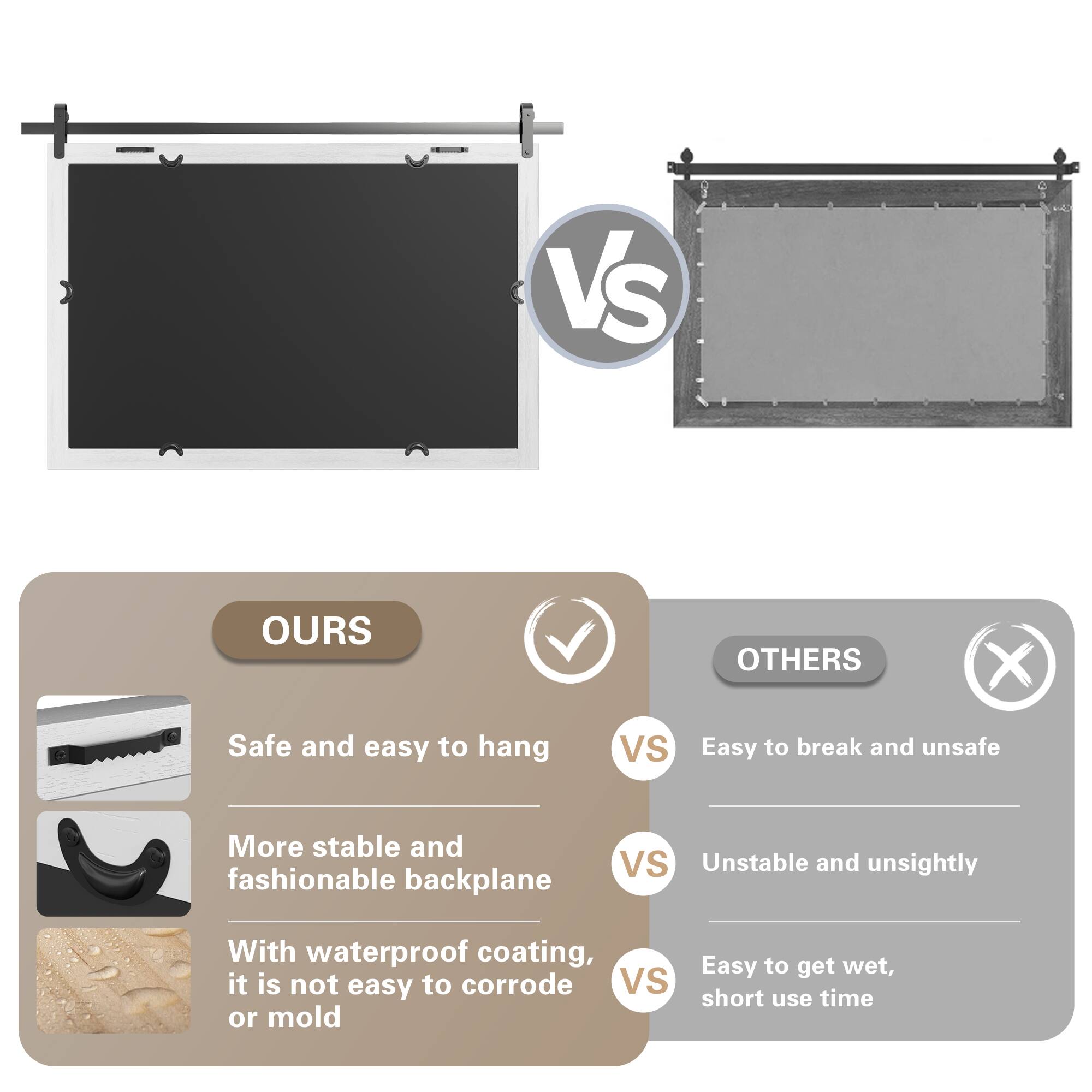 - **OURS**
  - Safe and easy to hang
  - More stable and fashionable backplane
  - With waterproof coating, it is not easy to corrode or mold

- **OTHERS**
  - Easy to break and unsafe
  - Unstable and unsightly
  - Easy to get wet, short use time