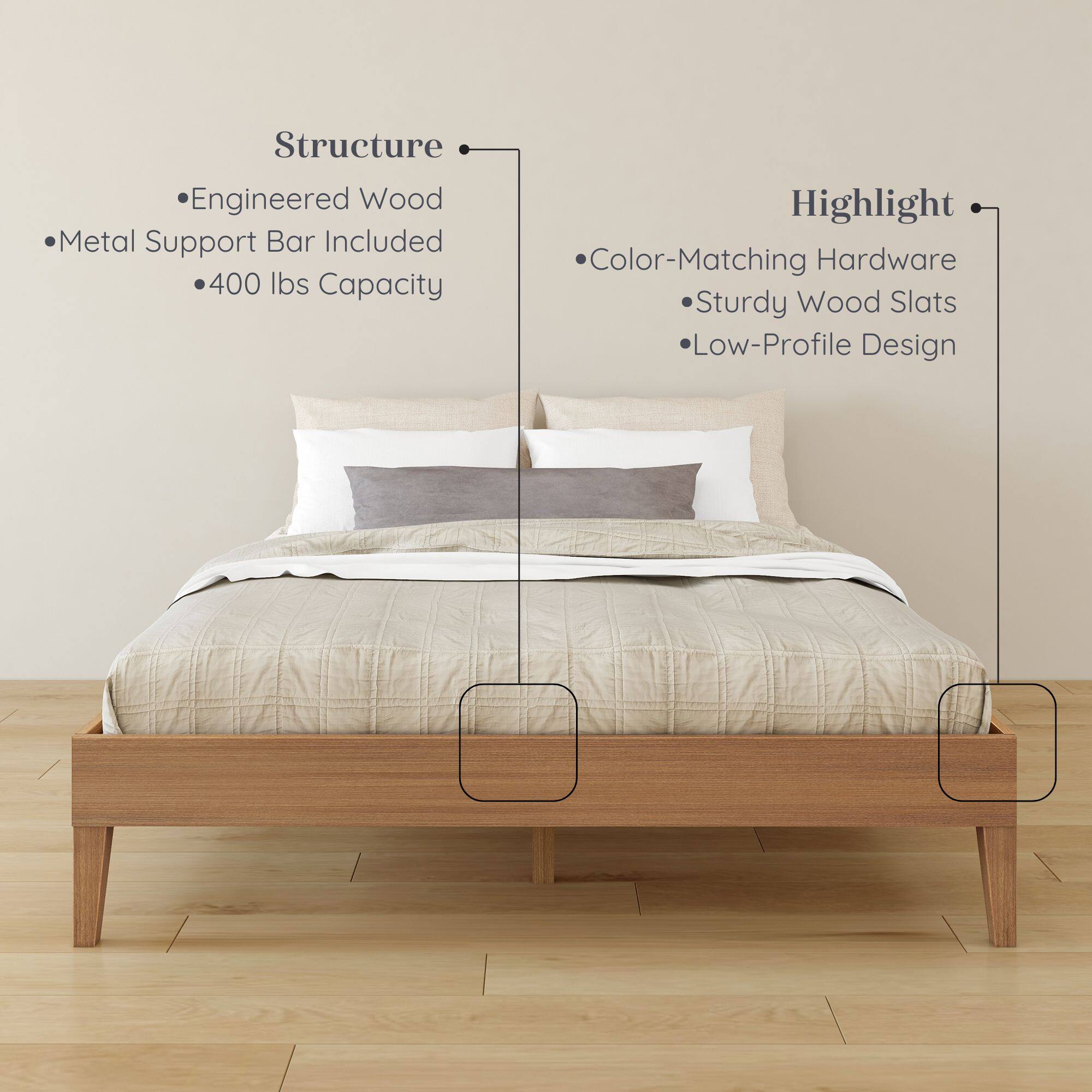 Structure: Engineered Wood, Metal Support Bar Included, 400 lbs Capacity  
Highlight: Color-Matching Hardware, Sturdy Wood Slats, Low-Profile Design