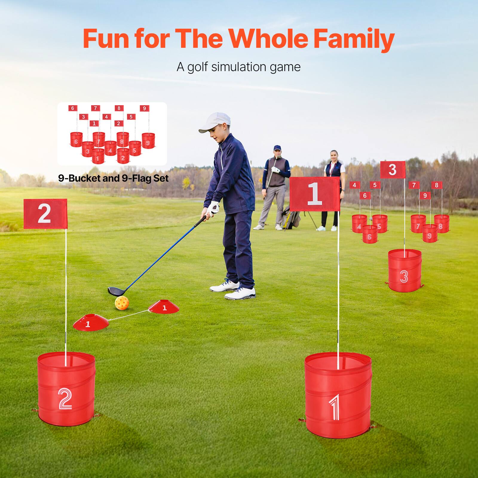 Fun for The Whole Family  
A golf simulation game  

9-Bucket and 9-Flag Set  

6 7 8 9  
3 1 2 5 6 7 8 9 3  
A 5 1 2 9  
2 1 4 5 6 A 5 6 3 7 7 E 9 B 8 3 1 1 2 1