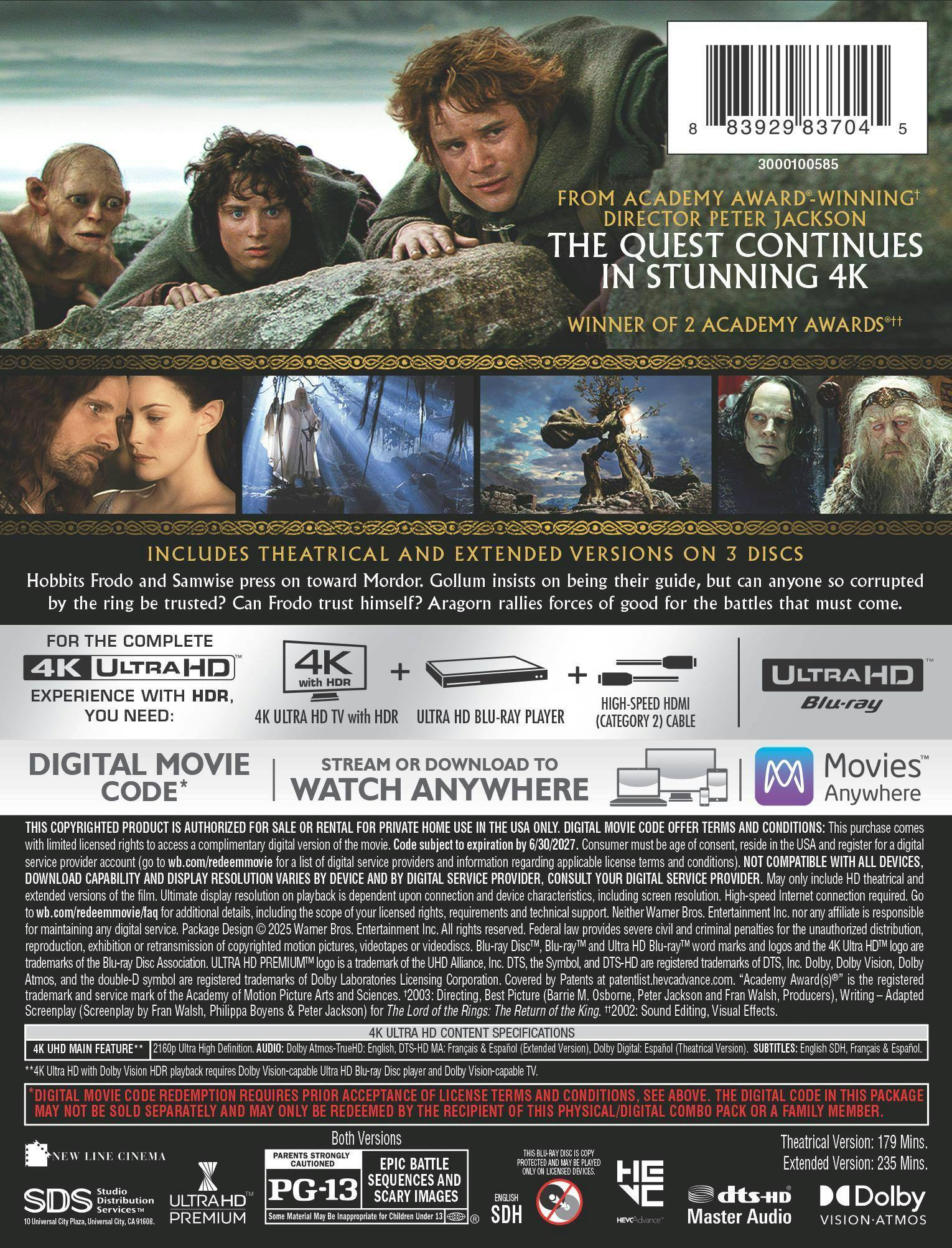 Back. The Lord of the Rings: The Two Towers (Steelbook)   - 4K Blu-Ray.