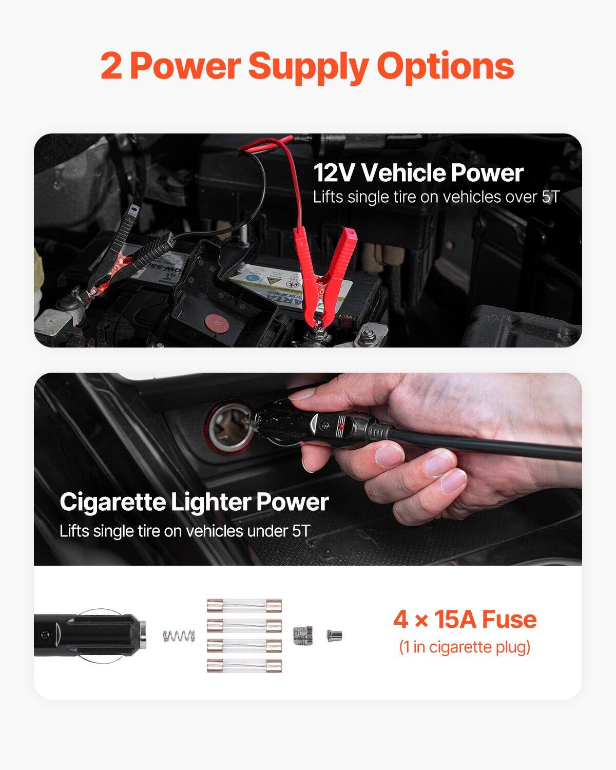 2 Power Supply Options

12V Vehicle Power  
Lifts single tire on vehicles over 5T

Cigarette Lighter Power  
Lifts single tire on vehicles under 5T

4 x 15A Fuse  
(1 in cigarette plug)