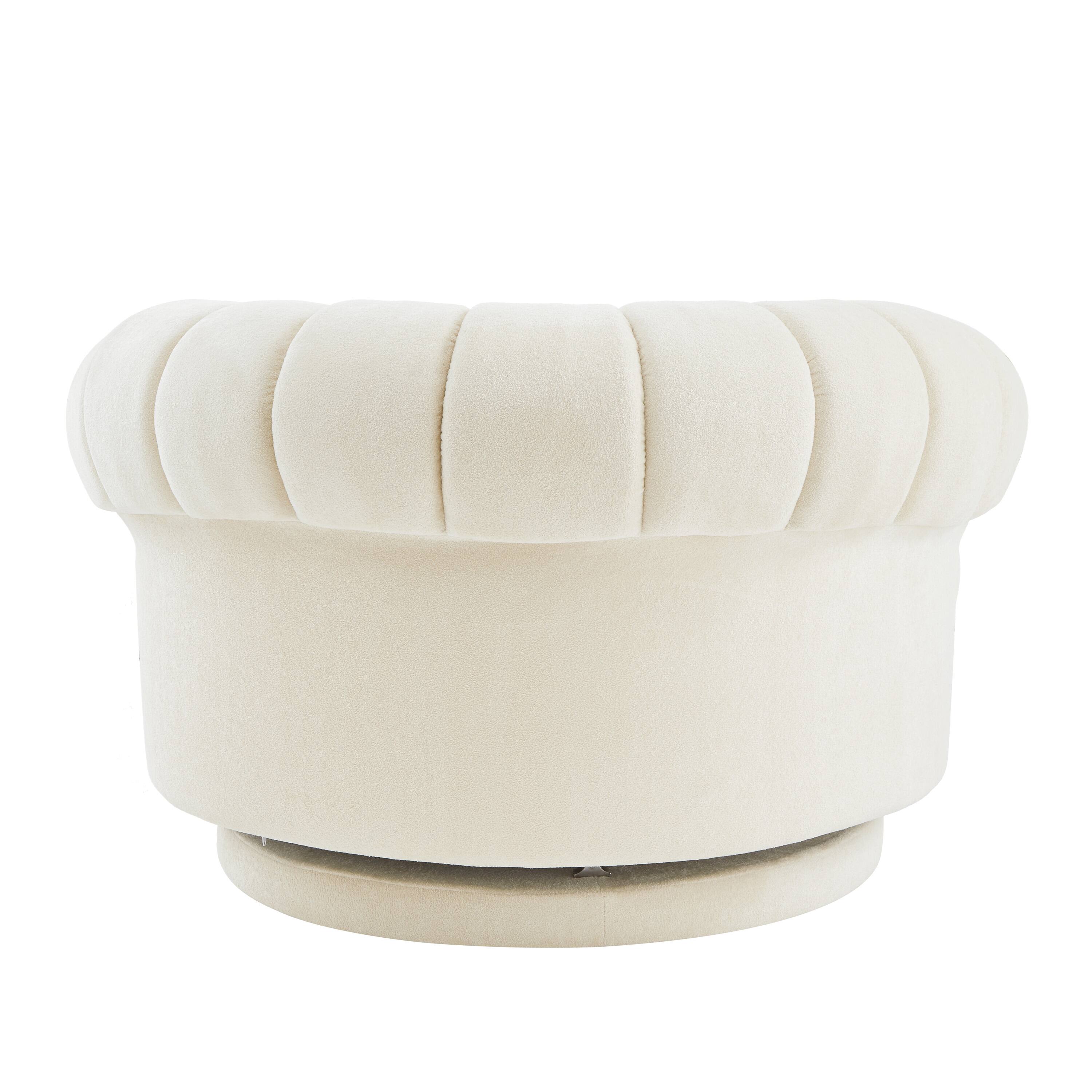Left. Whisen - 45.9" Oversized Round Swivel Sofa Accent Chair with Tufted Back and Chenille Upholstery - Beige.