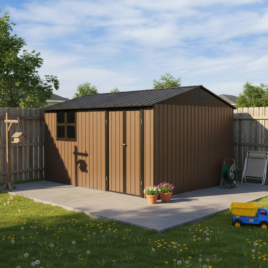 Front. Loheer - Loheer 12x10 Metal Shed Outdoor Storage Shed Brown Heavy Duty Garden Tool Shed With Window.