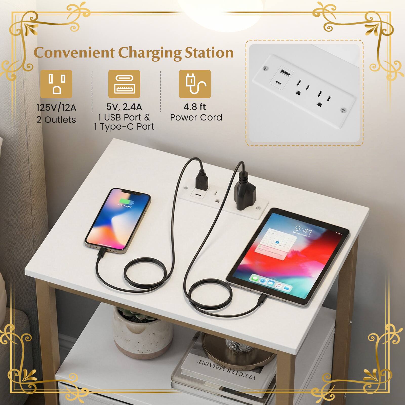 Convenient Charging Station

125V/12A 5V, 2.4A 2 Outlets 1 USB Port & 1 Type-C Port
4.8 ft Power Cord