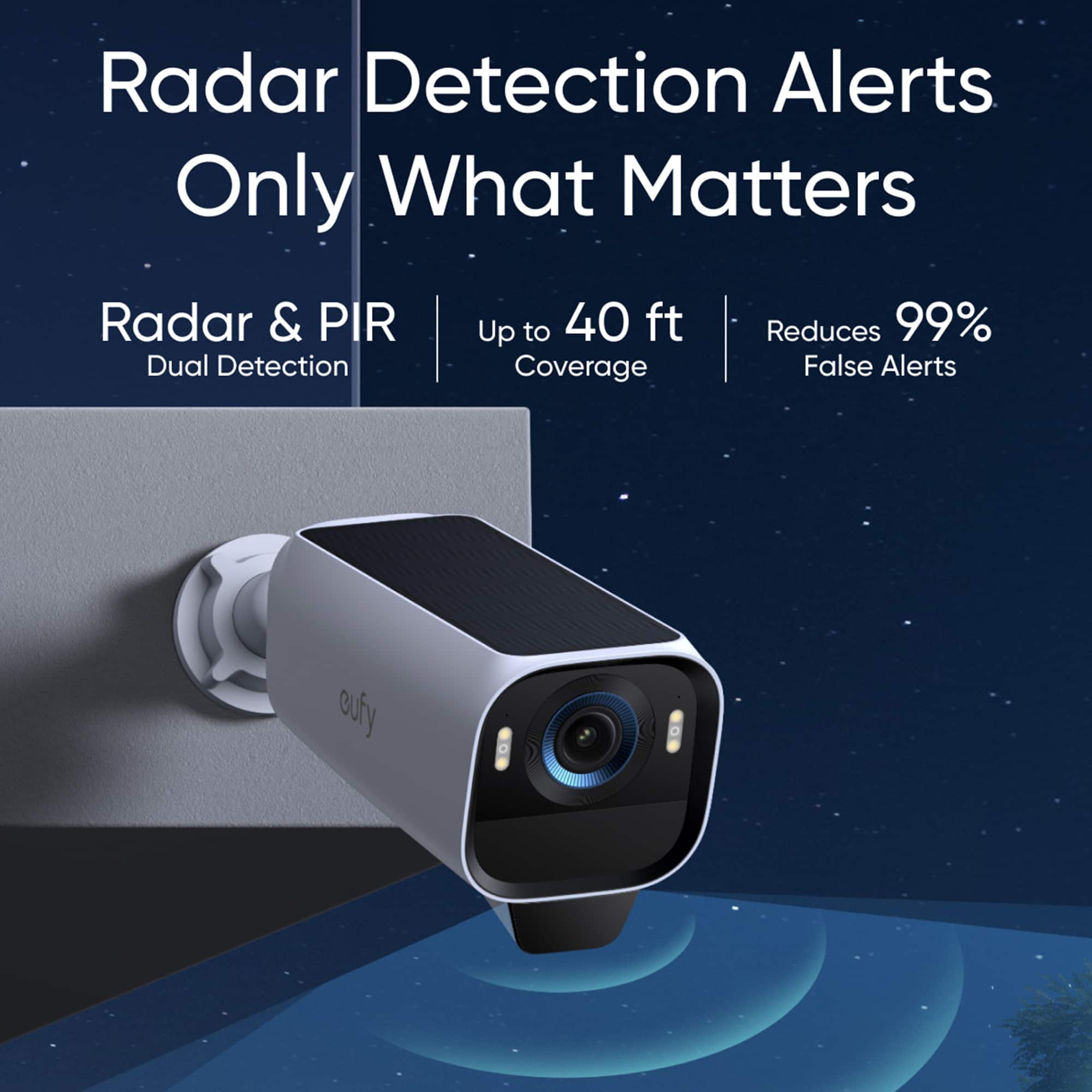 Radar Detection Alerts Only What Matters: Radar & PIR Dual Detection Up to 40 ft Coverage Reduces 99% False Alerts.