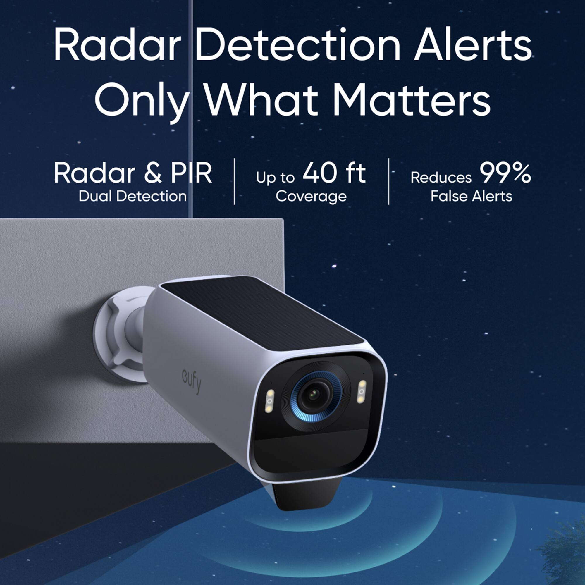 Radar Detection Alerts Only What Matters: Radar & PIR Dual Detection Up to 40 ft Coverage Reduces 99% False Alerts.
