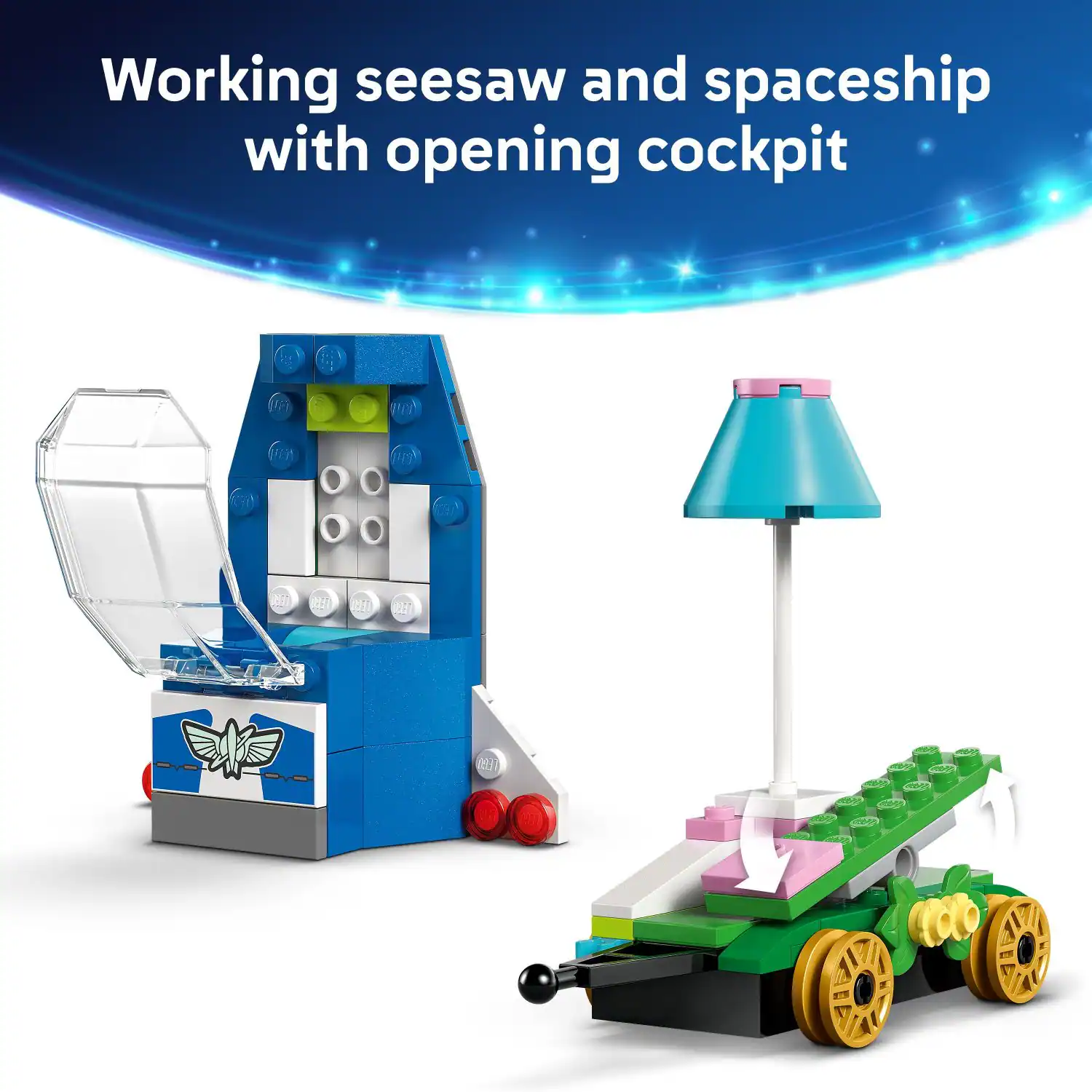 The corrected text is: "Working seesaw and spaceship with opening cockpit."
