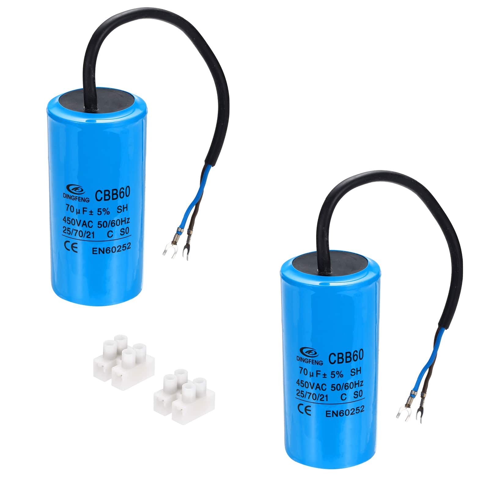 Unique Bargains - 2pcs 70uF CBB60 Running Capacitor, AC 450V 2 Wires 50/60Hz Cylinder 103x50mm for Air Compressor, Washing Machines - Blue