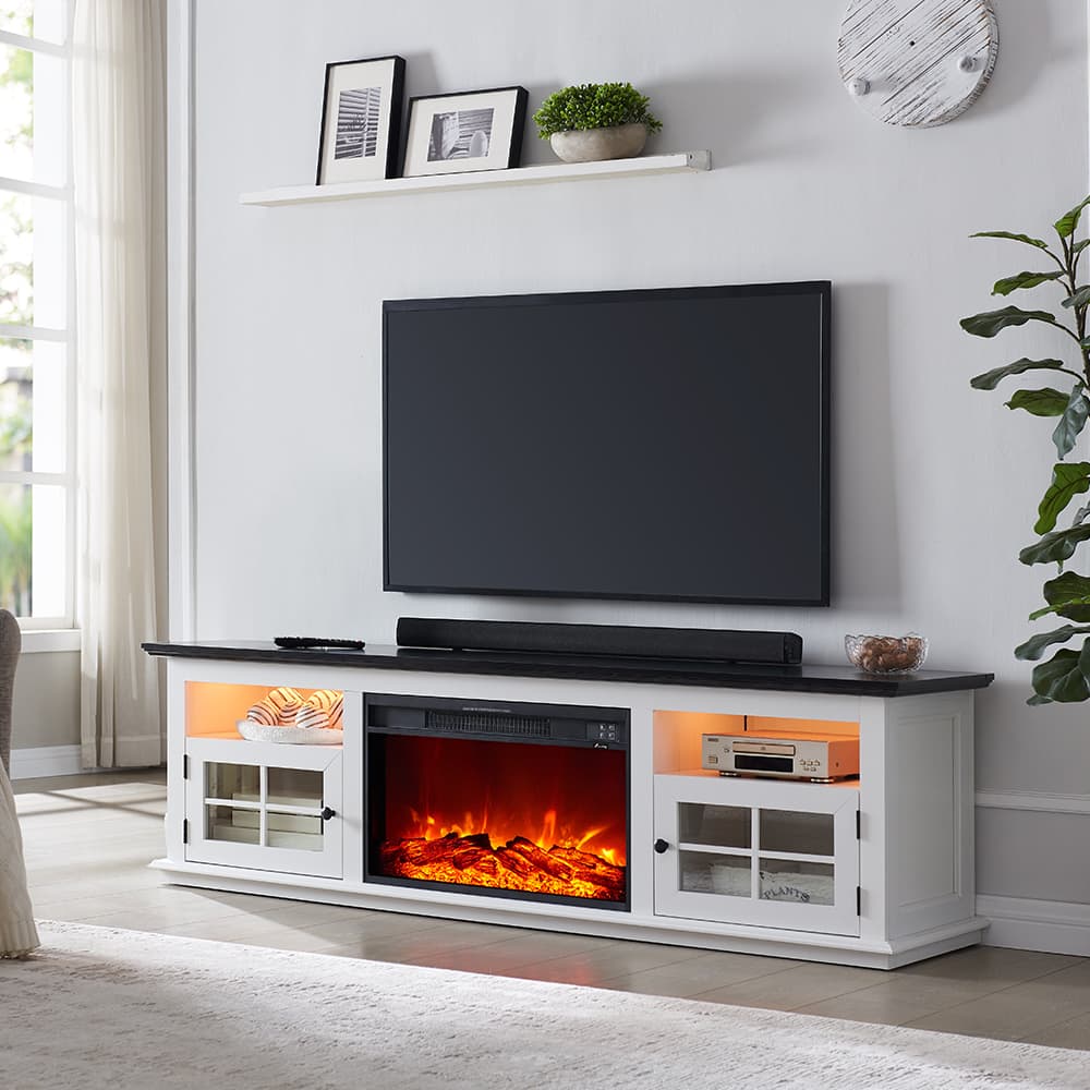Living Essentials Corp - Richmond Unfold™ 72" Off Farmhouse Fireplace TV Stand with Cabinet Doors, Entertainment Center and Media Console - White