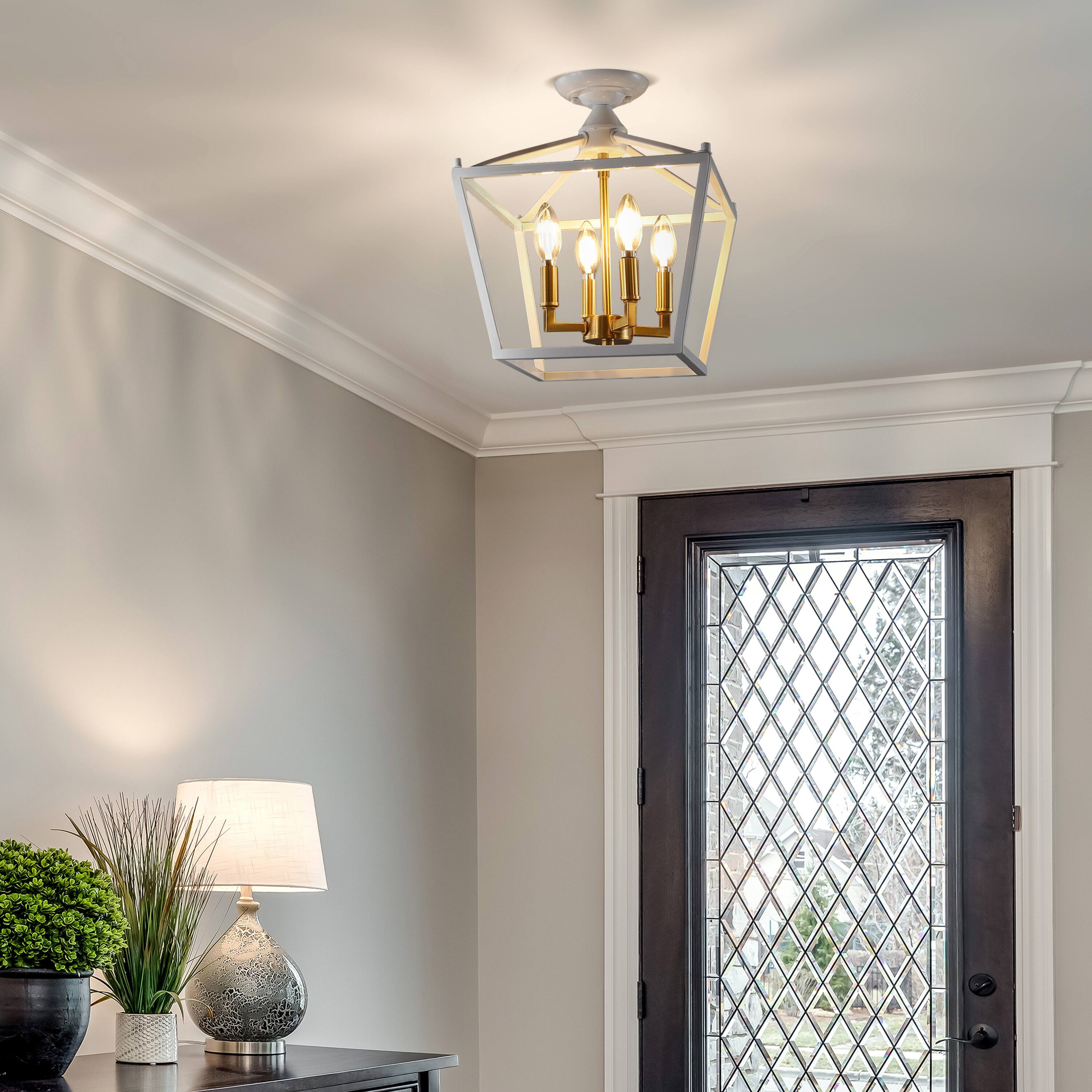 Alt View 1. Jonathan Y - Plains 12" 4-Light Modern Farmhouse Metal Open-Frame Pagoda LED Semi Flush Mount Mini Lantern, White/Brass Gold - White/Brass Gold.