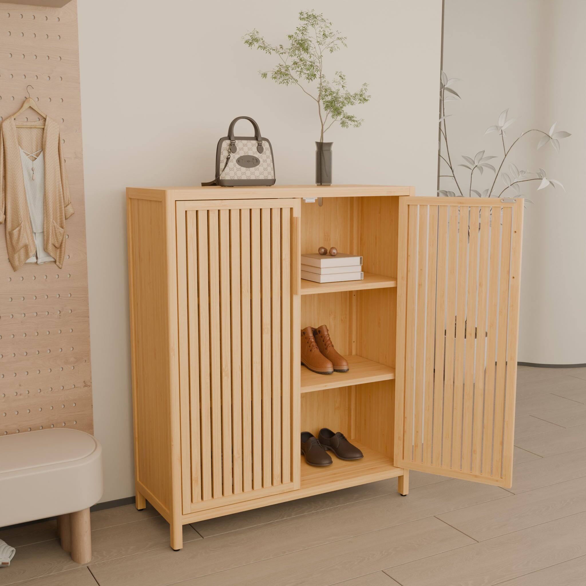Alt View 5. Boyel Living - Forty Two Inch Bamboo Storage Cabinet Multi Scene Use with Open Shelves Shoe or Bathroom Cabinet - Natural.