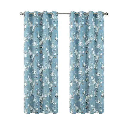 Front. Olivia Gray - Olivia Gray 100% Polyester 200 GSM Blossom Printed Blackout Grommet Curtain Panel 54" x 90" Blue - Blue.