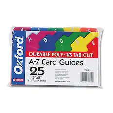 Oxford DURABLE POLY-1/5 TAB CUT A-Z Card Guides
25
5" x 8" (12.7 x 20.3 cm)
Distributed by Esselte Corporation, Melville, NY 11747 USA
Esselte Corporation, Made in China
www.pendaflex.com
73155