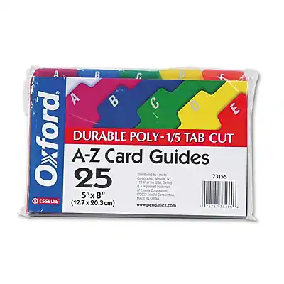 Oxford DURABLE POLY-1/5 TAB CUT A-Z Card Guides
25
5" x 8" (12.7 x 20.3 cm)
Distributed by Esselte Corporation, Melville, NY 11747 USA
Esselte Corporation, Made in China
www.pendaflex.com
73155